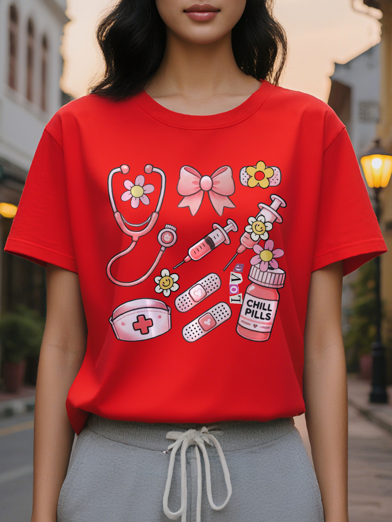 Women's nurse-themed short-sleeved T-shirt with floral print and the word NURSE, elastic round neck casual top for spring