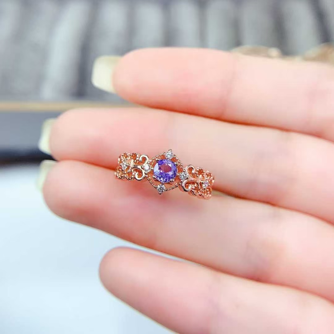 925 silver lace design ring natural tanzanite ring 4mm real tanznaite jewelry 18K gold plated sivler gemstone jewelry