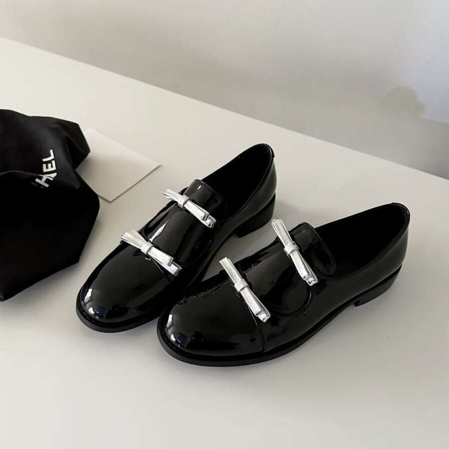 Cowhide 2025 New British Style Bowknot Women's Thick Designer Shoe Sole Loafers Genuine Leather Black Low Heel Single Shoes