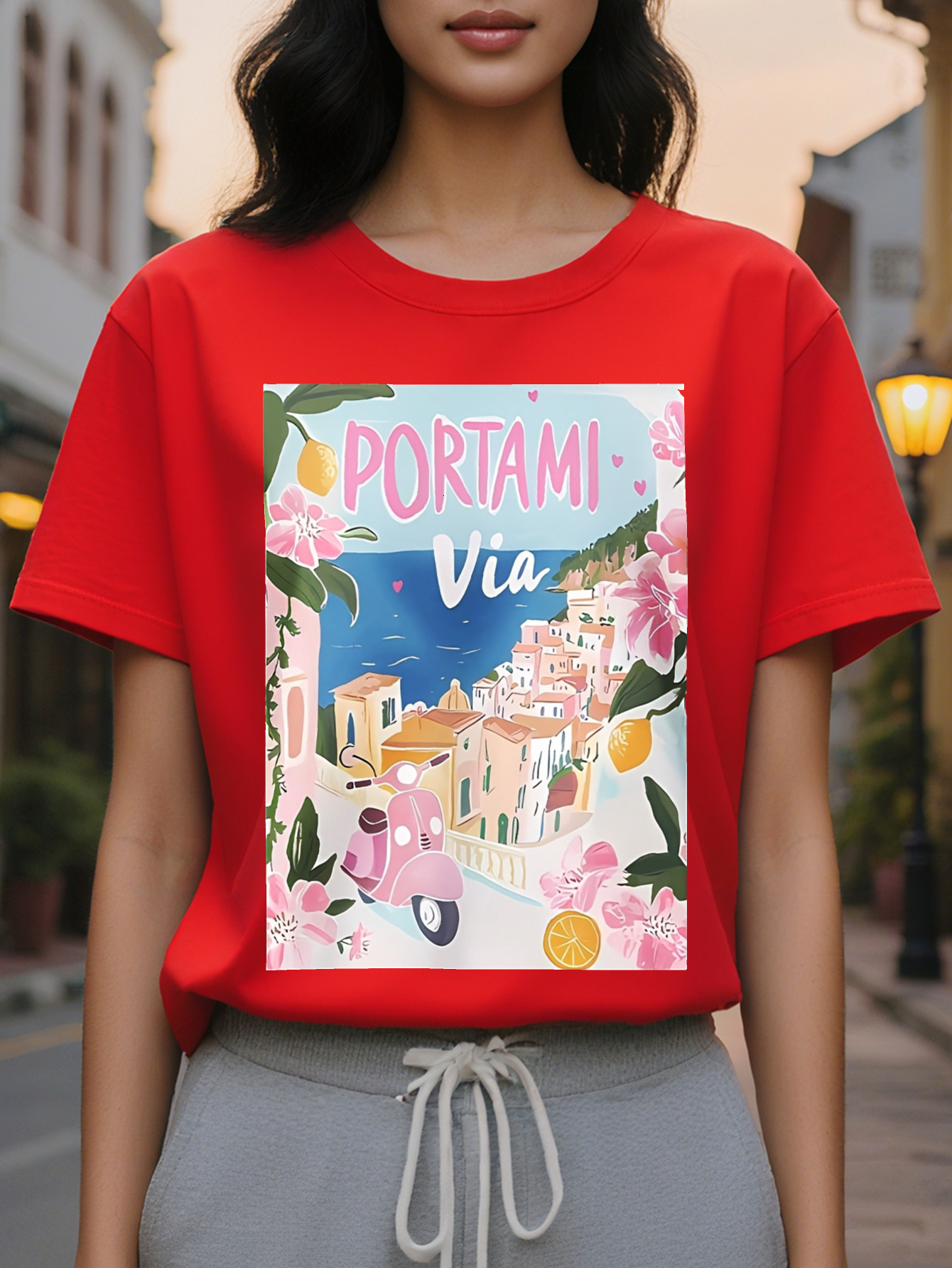 Large XL Women's Casual Short Sleeve T-Shirt Portofino Italy Graphic Print with Floral Pastel Buildings Soft Pink Round Plus Size