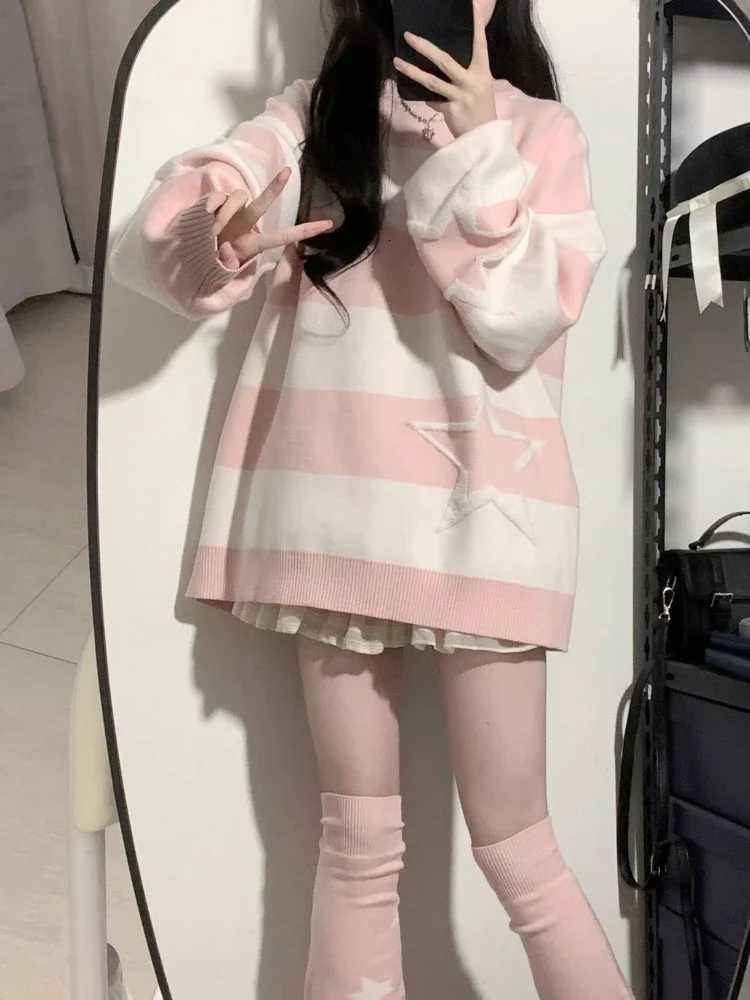 Japanese Contrast Color Star Sweaters Grunge Fashion All Match Streetwear Sueter Mujer Sweet Y2k Aesthetic Loose Jumpers Women M250904