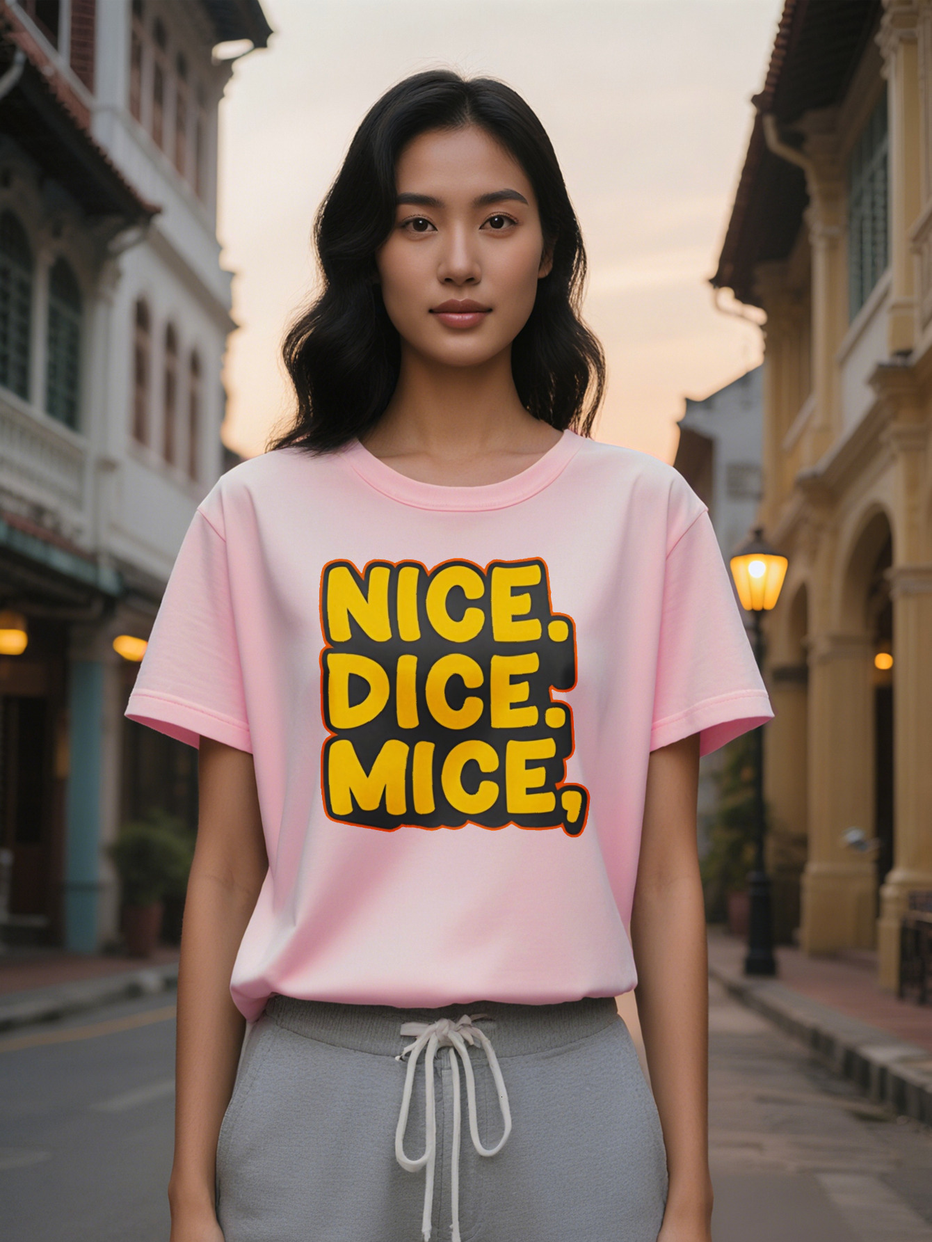 Large XL Lady Casual Nice Dice Mice T-Shirt Black with Orange Border Round Neck Stretch Fabric Summer Style Perfect Gift Plus Size