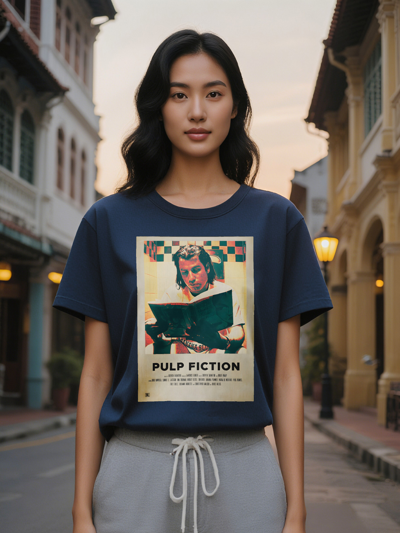 Large XL Women's Casual Crew Neck T-Shirt Pulp Fiction White with Black Print Short Sleeve Regular Fit Summer Tee Perfect Gift Plus Size