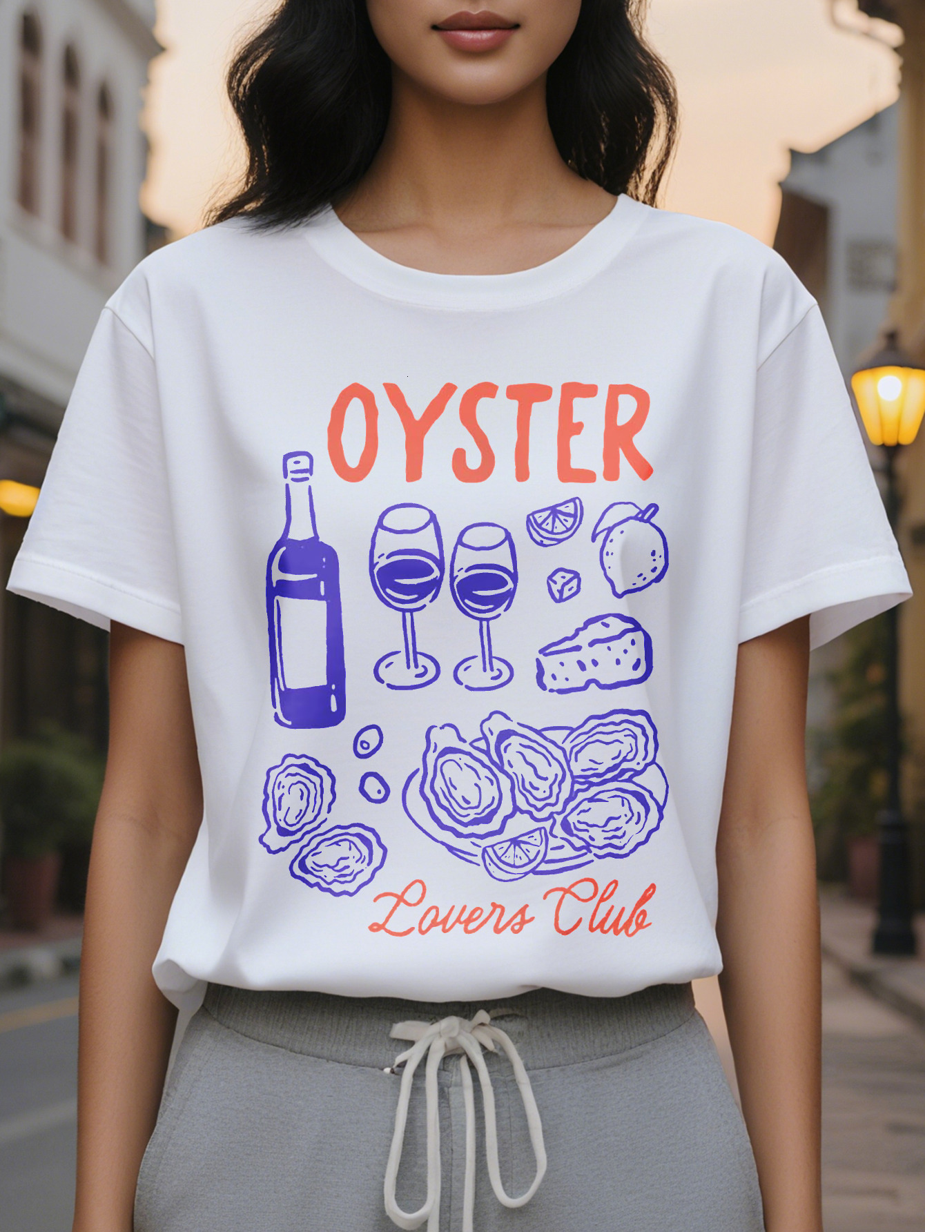 Women s Elegant Lovers Club T Shirt Sleeve Round Neck Casual Fashion Design with Wine Glass Oyster Pattern