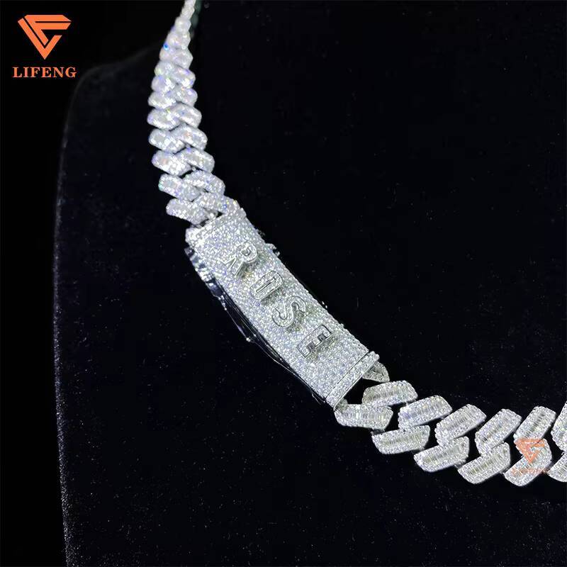 14mm Baguette Cut Moissanite 925 Sterling Silver Custom Name Necklace with Cuban Link Chain for Mens HipHop Style