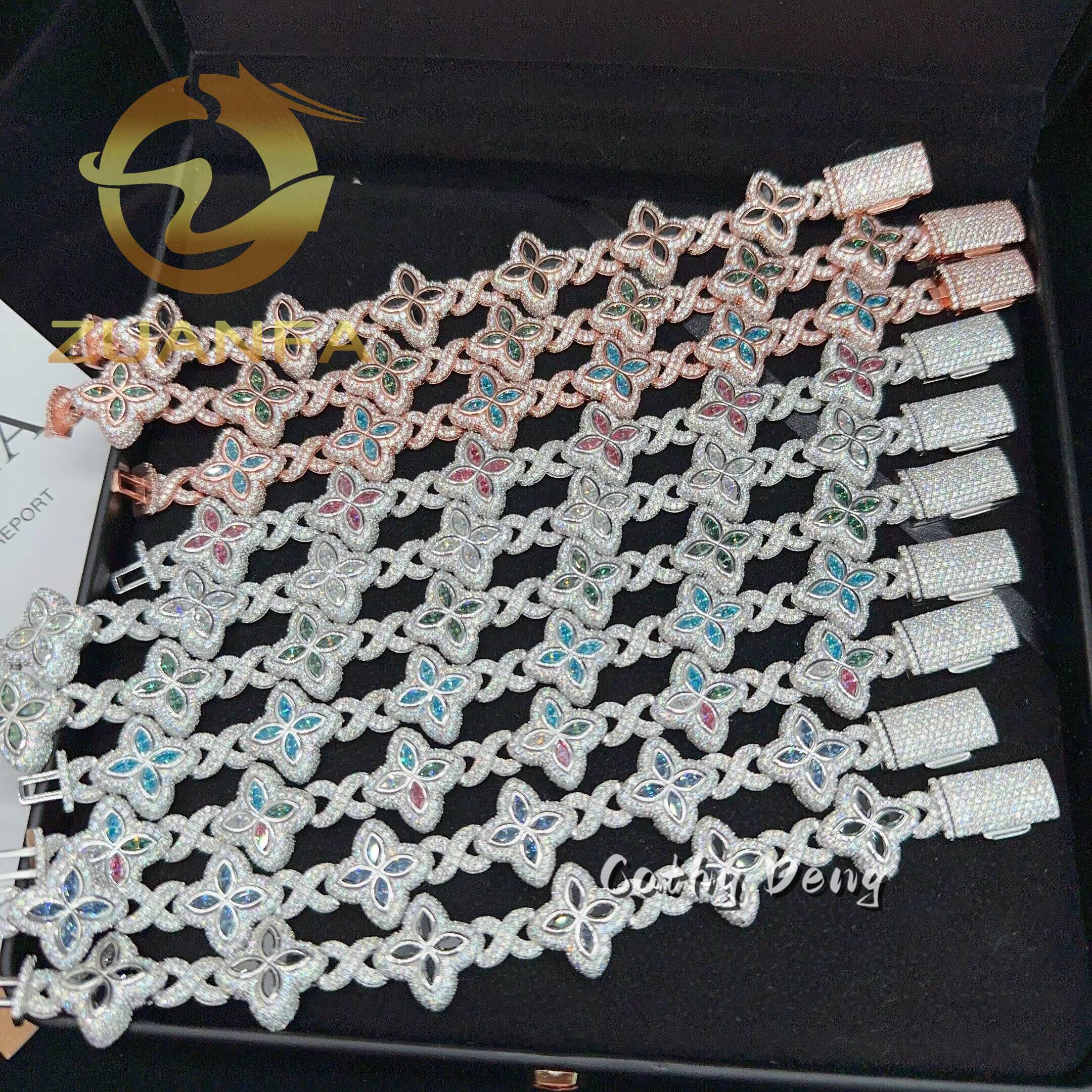 Hip Hop Jewelry Iced Out Men Cuban Bracelet 925Silver Moissanite Bracelet Men Pass Diamond Tester Flower Cuban Link 11color