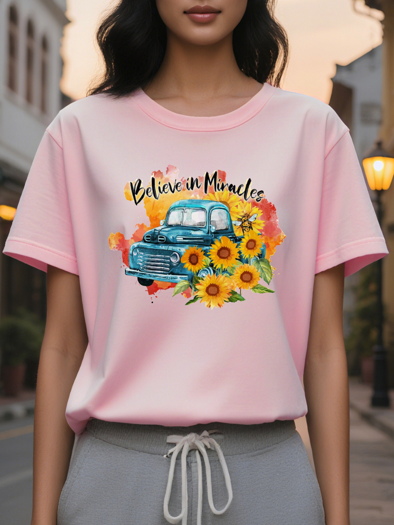 Women's Elegant Believe Miracles Pattern T-Shirt Short Sleeve Round Neck Summer Top with Vintage Car and Suower