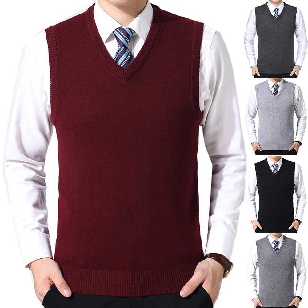 HOT SALES Men Casual Winter Solid Color V Neck Sleeveless Knitted Woolen Plus Size Vest Knitted Woolen Vest Men Suit VestXJ250904