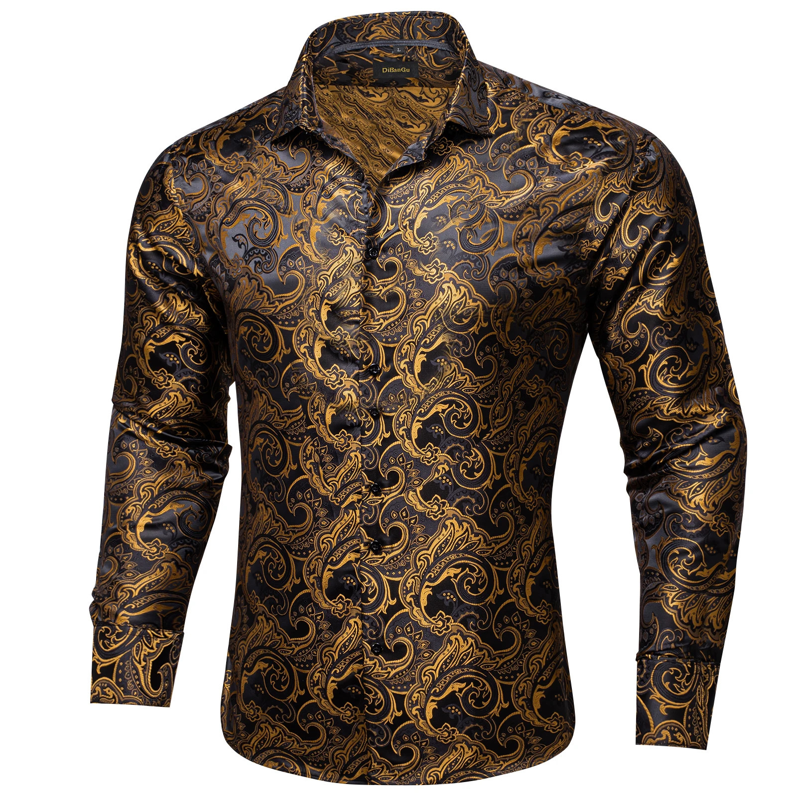 Men Dress Shirt Formal Prom Tuxedo Long Sleeve Silk Polyester Golden Color Paisley Black Shirts Blouse Men Clothing250904