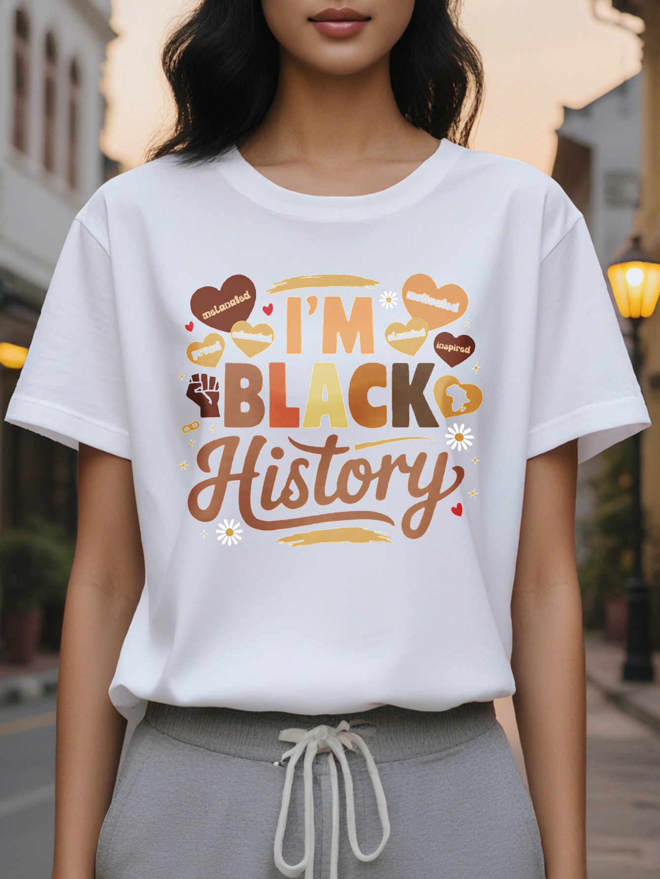 Women's Historic T-Shirt Short Sleeve Crew Neck Casual Top with I'm Black History Design Vibrant Illustrations