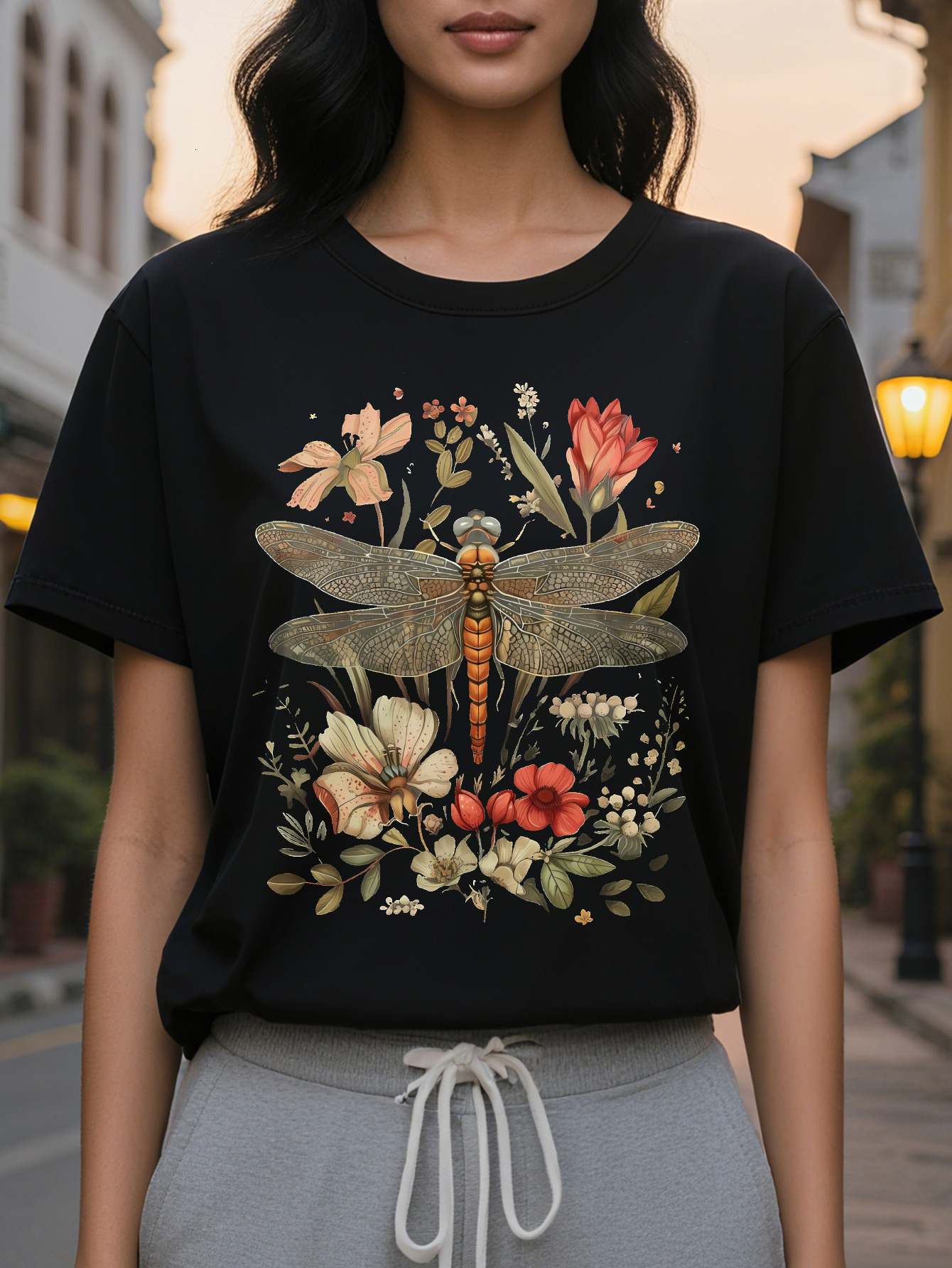 Large XL Casual Dragoy Floral Print Cotton Knit Tee Women S Crew Neck T Shirt All Season Regular Length Top Plus Size