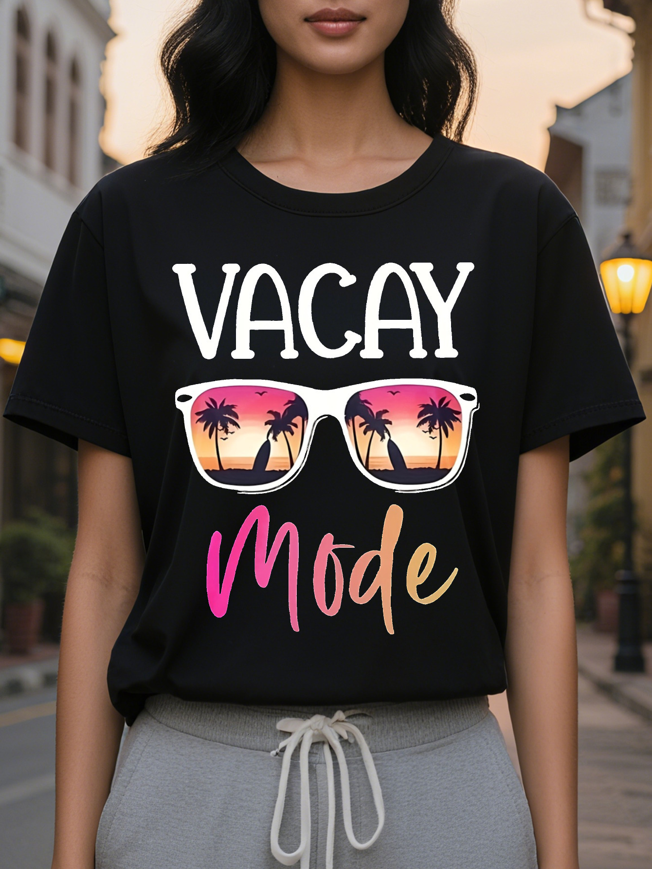 Black Women s Short Sleeve Crew Neck T-Shirt Tropical Palm Tree Sunset Graphic Print with Vacay Mode Text hine