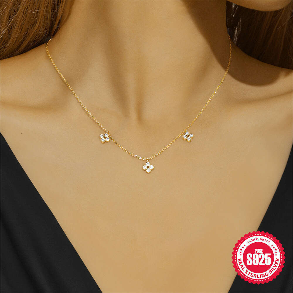 New s Pure Sier Five-Flower Four-Leaf Inlaid Zircon Necklace for Women Lucky Clover Jewelry