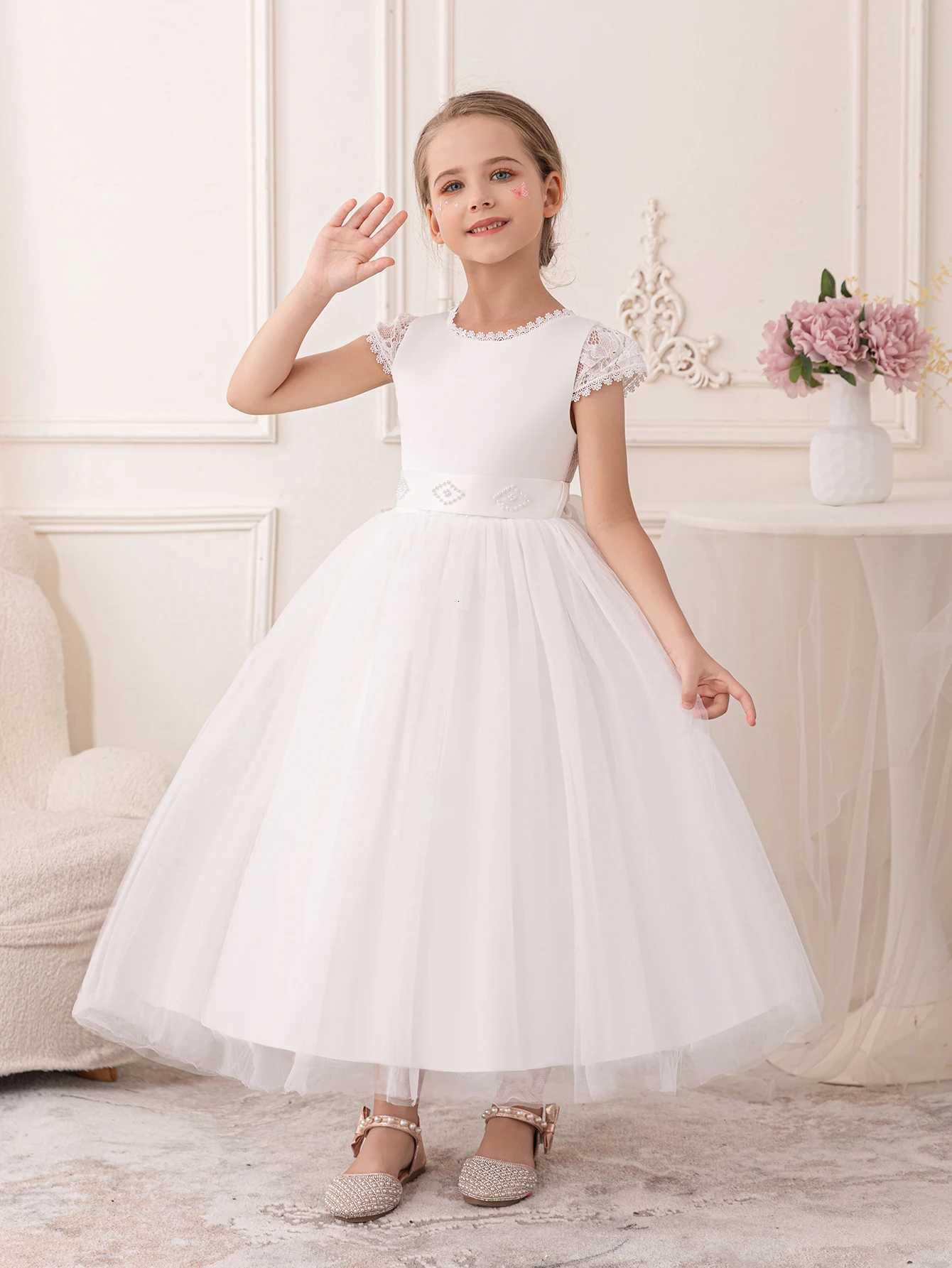 Girls Wedding Flower Childs White Puffy Gauze Long Skirt with a Hollow Lace Back Dress Z250904