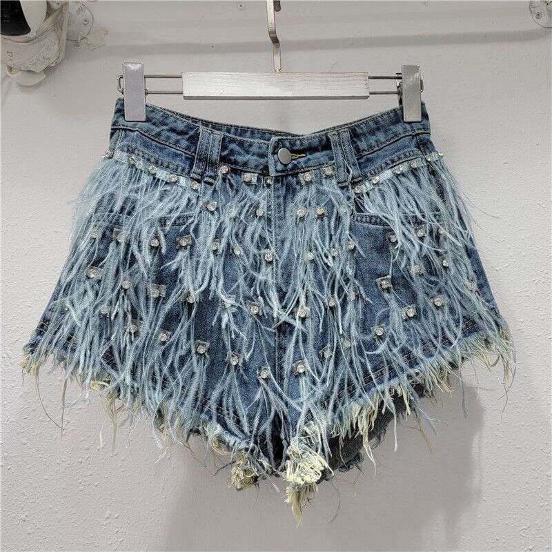Women's Clothing New Heavy Dia Ostrich Feather Design Slim Tassel Fashionable Versatile Denim Shorts