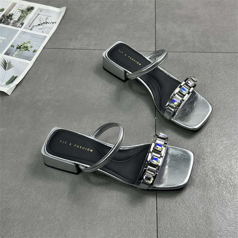 Women's Shoes 2025 Summer New Squ Open Toe Rhinestone Mid Designer Shoe Heel Celebrity Sandals Half One Word Slippers
