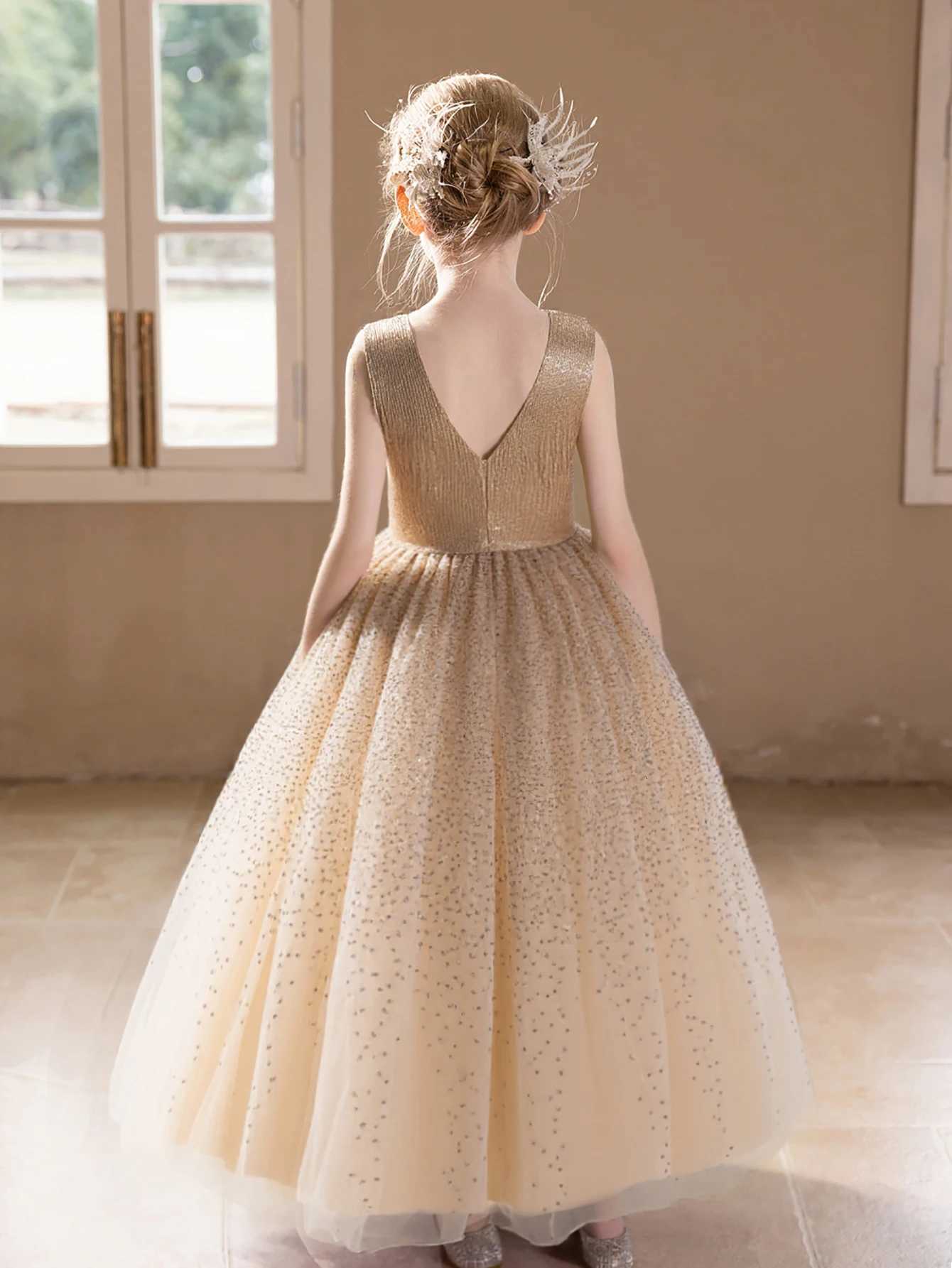 Girl Princess Dress High-end Champagne Sequined Dress for Girls Wedding Birthday Party Puffy Gauze Skirt Bridesmaid Dresses Z250904