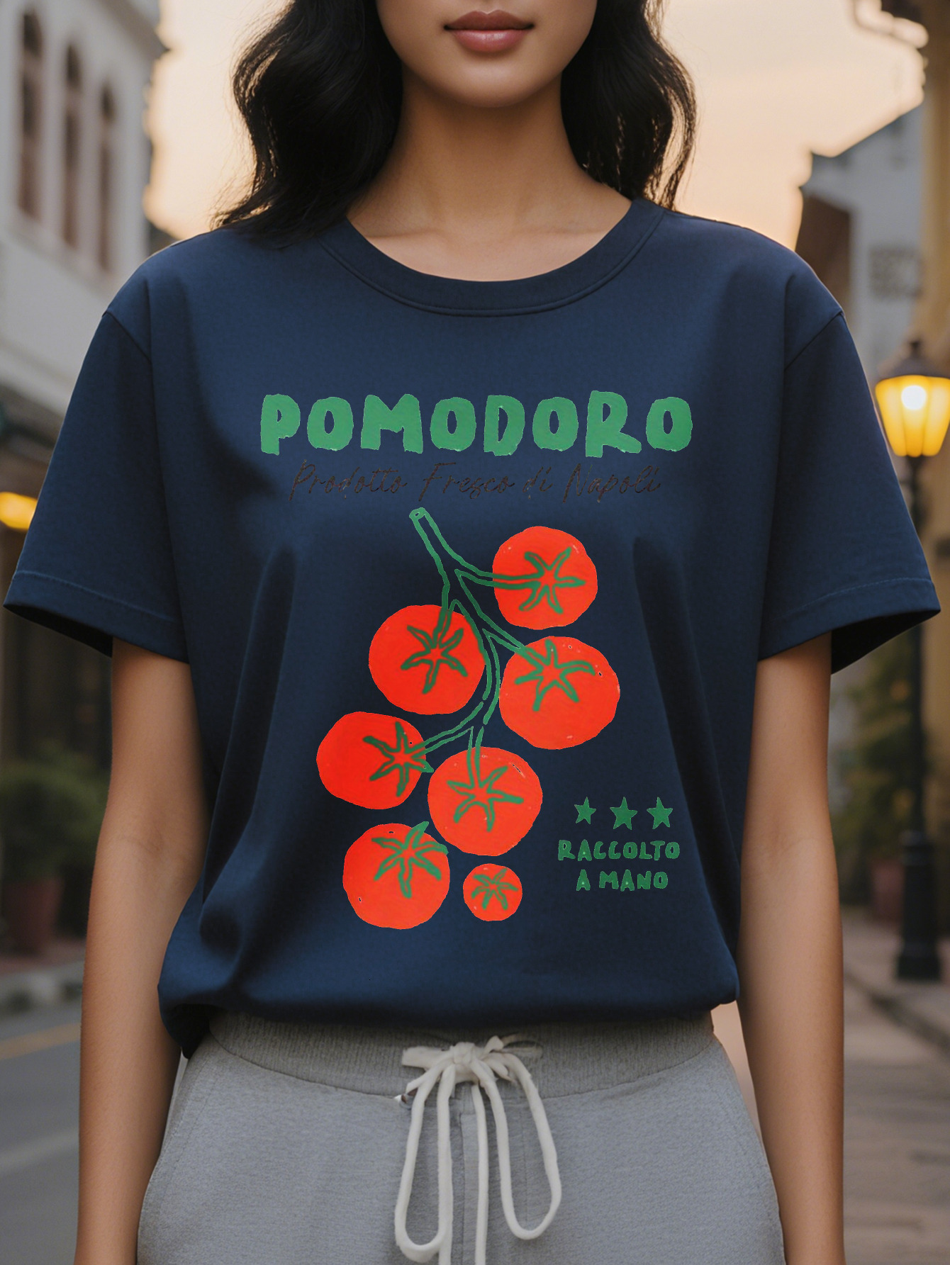 Women's Elegant Summer T-Shirt White Short Sleeve Round Neck Top Bright Tomato Pattern and Italian Products from Naples