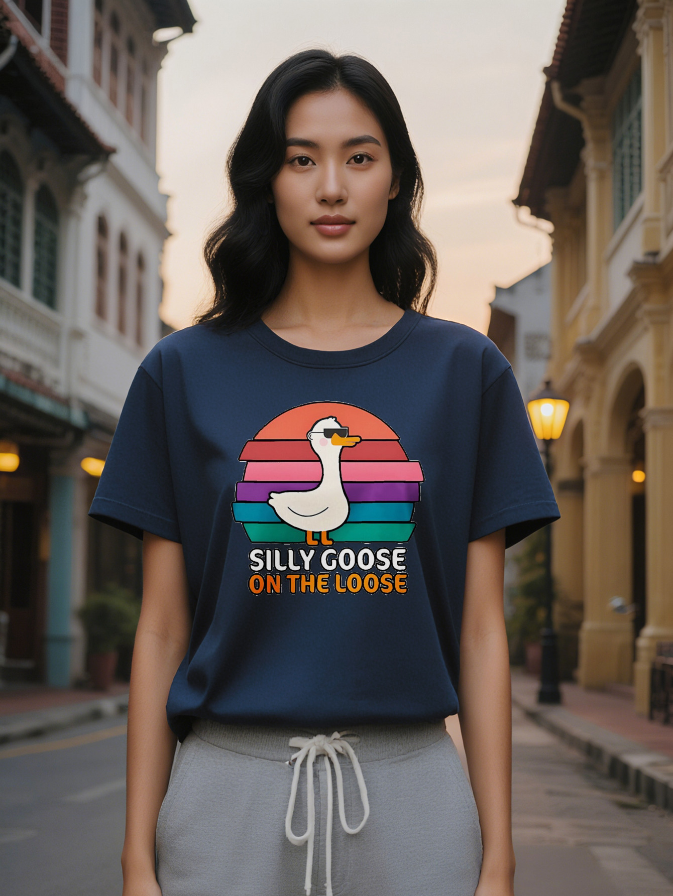 Large XL Women's Casual Crew Neck T-Shirt Silly Goose Print Black with Colorful Stripes Fashion Glasses Design Summer Tee Plus Size