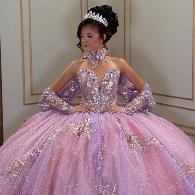 Lilac Shiny Princess Off the Shoulder Sweet 16 Dress Quinceanera Dresses Applique Lace Beads Tull Party Birthday Vestidos 15 De Anos