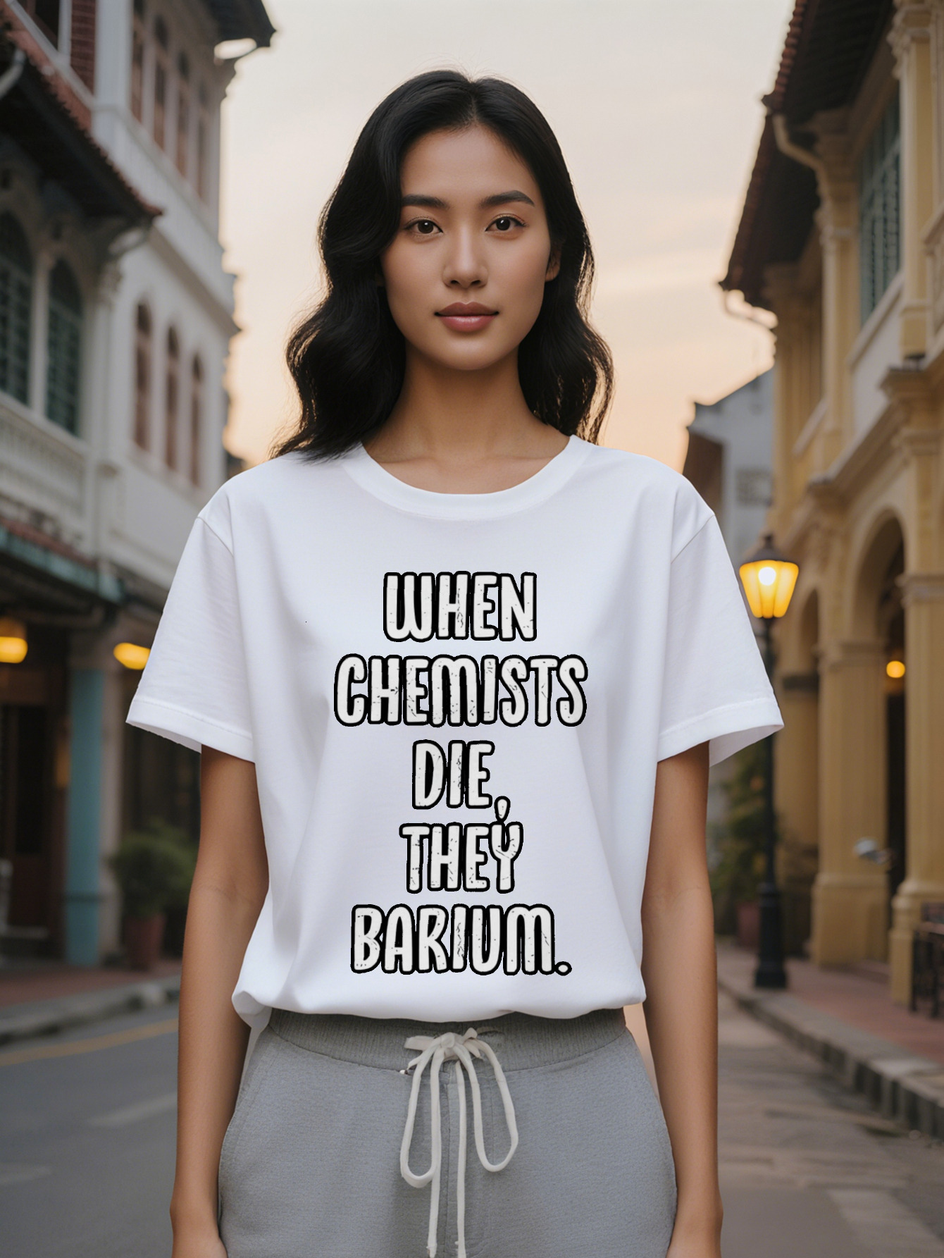 Large XL Lady Black Casual Crew Neck T-Shirt with Bold White Letter Print When Chemists Die They Barium Design Summer Plus Size