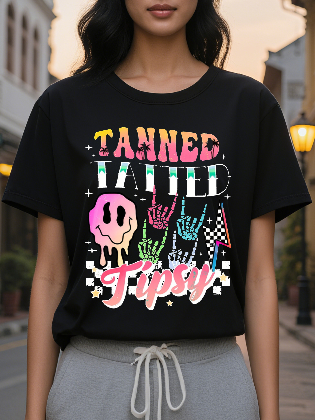 Women s Casual Short Sleeve T Shirt Double Sided Tanne Tattoo Tipsy Graphic Print Black with Colorful Lettering