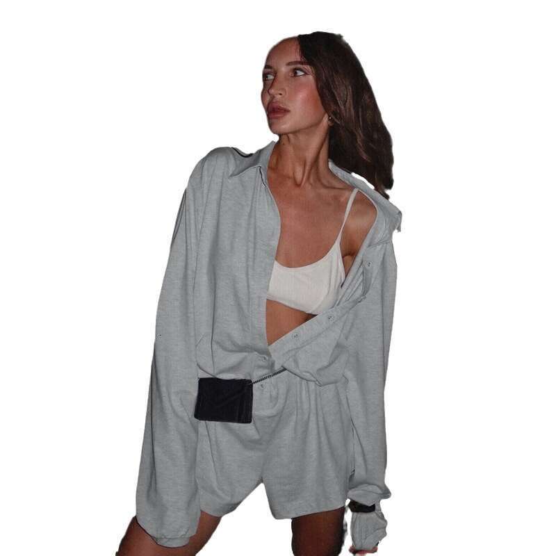 European and American Women's Clothing POLO Collar Single-Breasted Long Sleeve Loose Casual Comfortable Basic Solid Color Jumpsuit Shorts