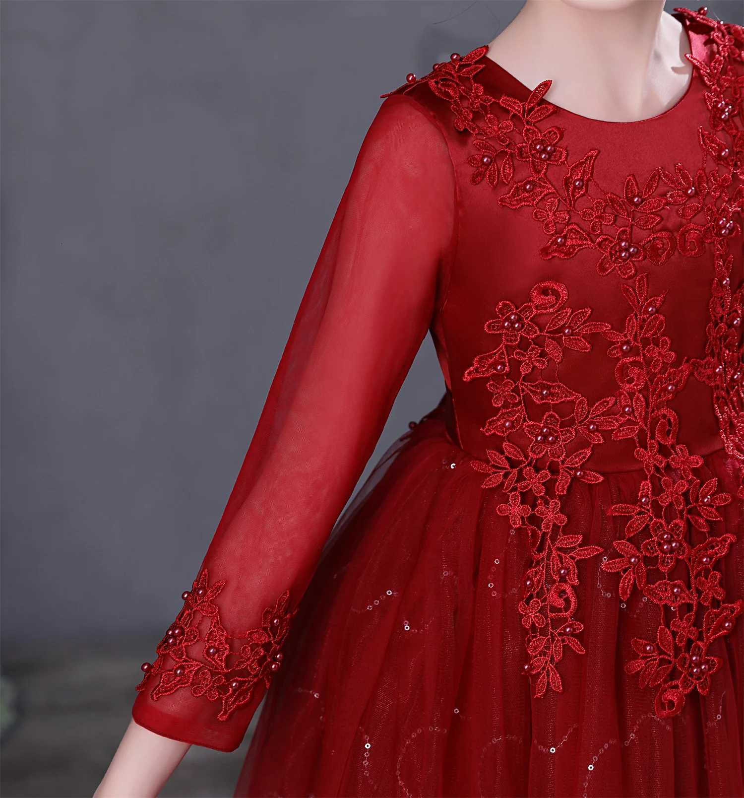 DW683 Childrens Girls Red Princess Dress Long Sleeve Piano Party Ceremony Flower Girl Gown Z250904