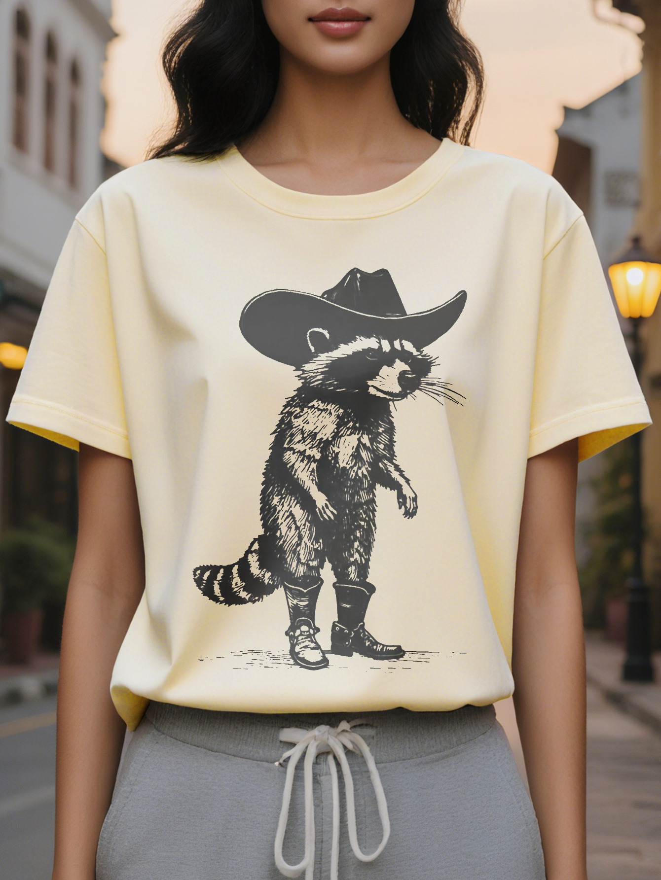 2024 Racoon Print Crew Neck T-shirt Short Sleeve Casual Top for Summer Spring Women's Clothing