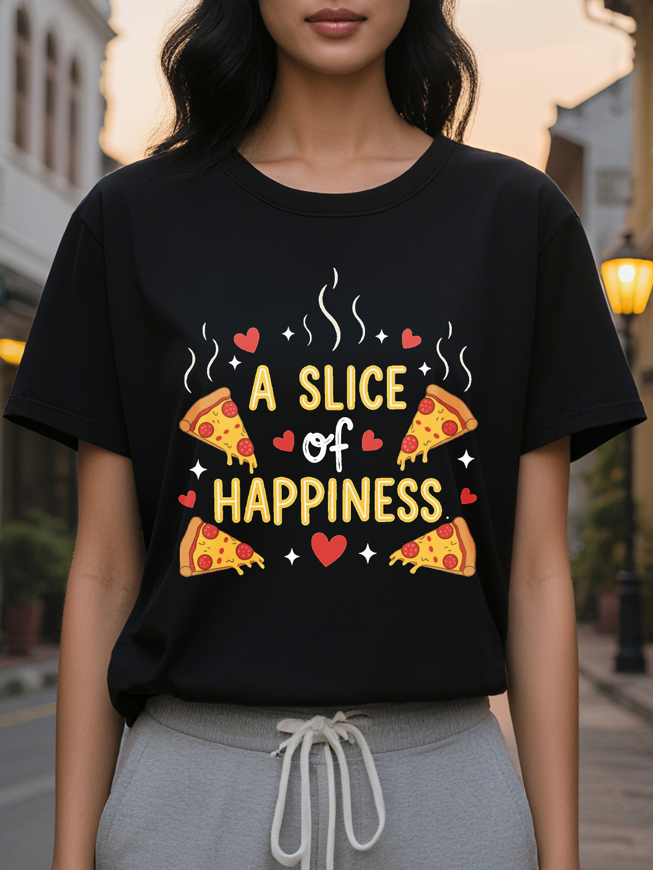 Women's Black T-Shirt with a Piece of Happiness Pizza Pattern, Short Sleeve, Round Neck, Casual Summer Clothing, Fun