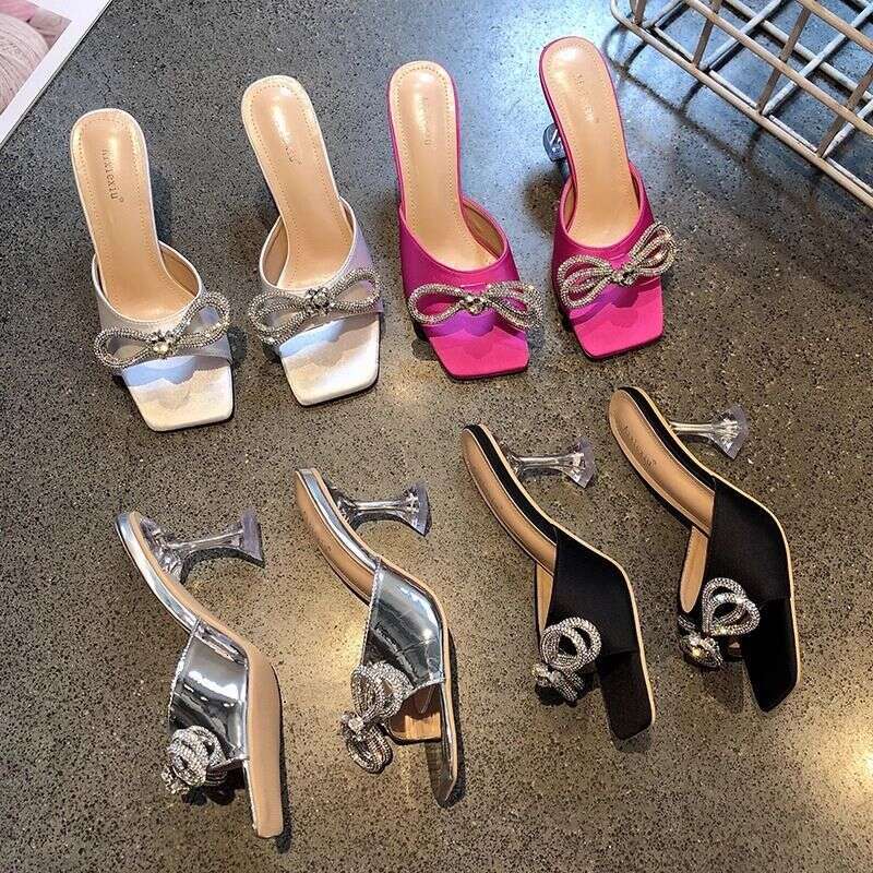 New Rhinestone Butterfly Knot Slippers Fine Heel Sandal Women Crystal Fairy Pink Blue Bow Diamond High Heel Mule Shoes for Party