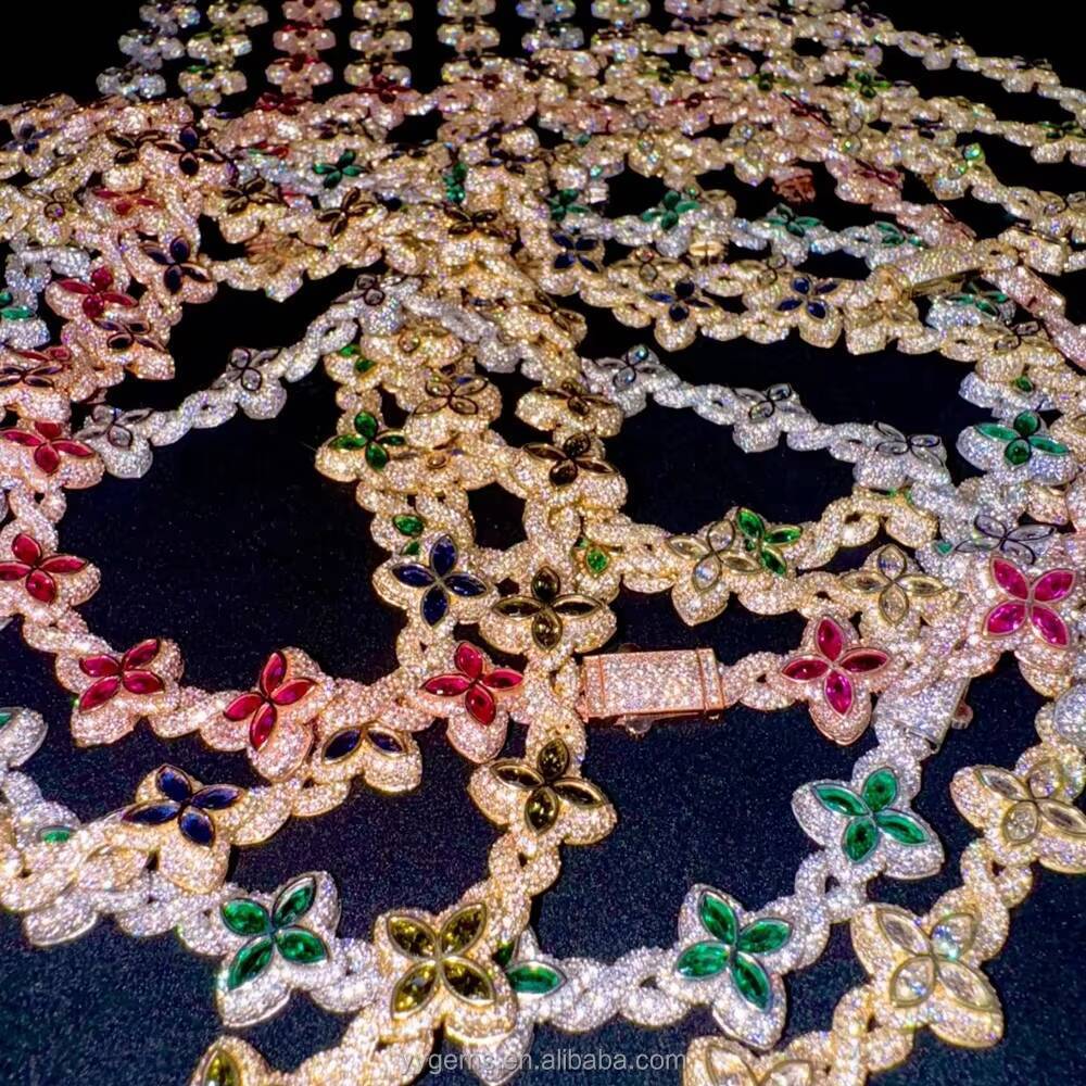 Hot Selling Shamrock bracelet 15MM 925 Sterling Silver Cuban Clover Bracelets Iced Out Hip Hop Infinity Colored Moissanite Cuban Bracelet