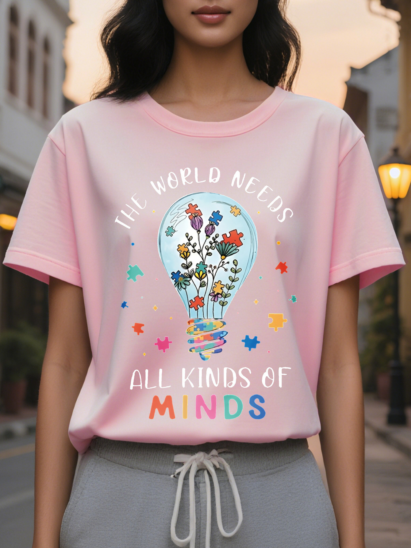 Large XL Women's Autism Awareness Neurodiversity Graphic Print T-Shirt The World Needs All Kinds of Minds Light Bulb Floral Plus Size