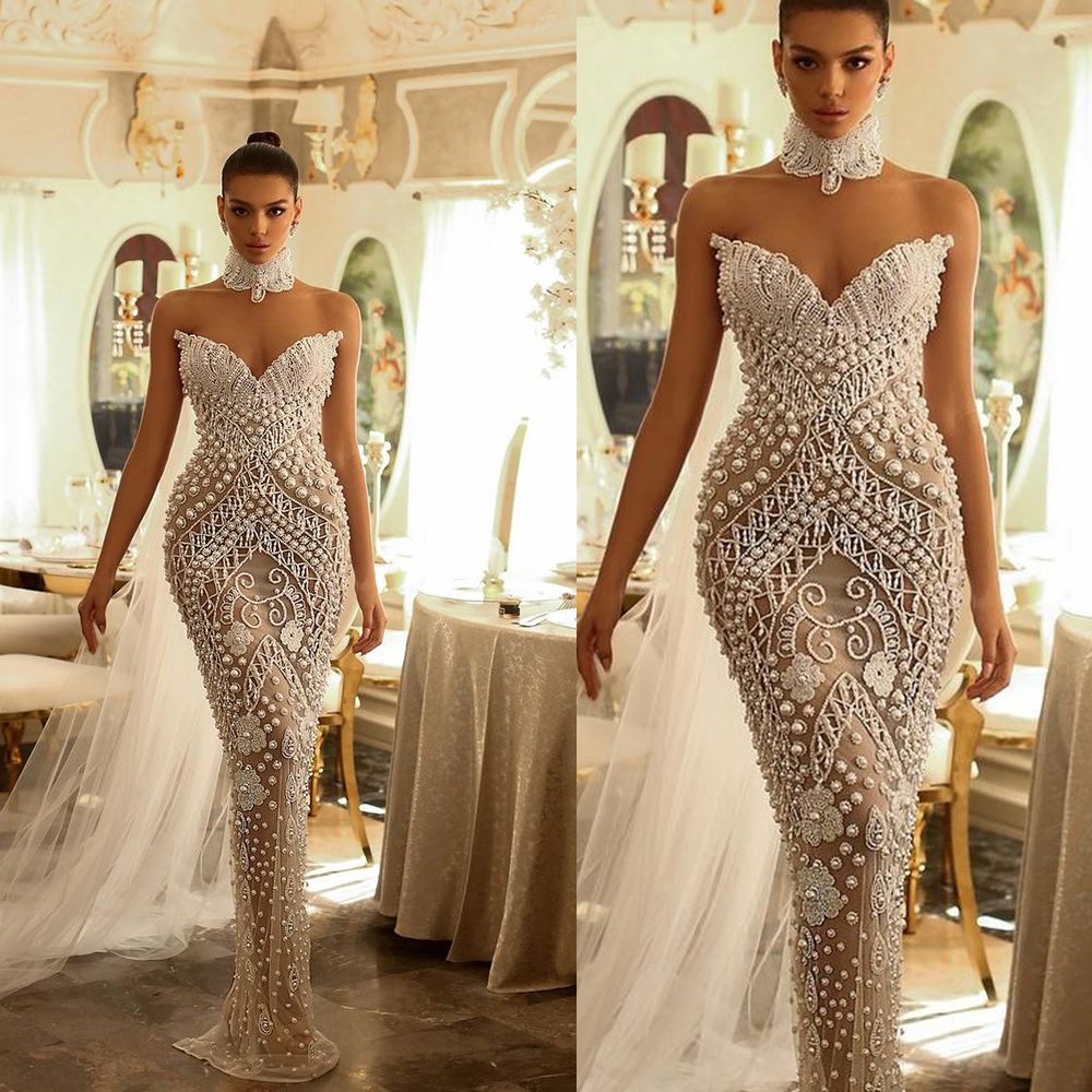 Exquisite Mermaid Wedding Dress Pearls Beaded Appliques Bridal Gowns Sweetheart Neck Sleeveless Floor Length Dresses Custom Made vestidos de novia
