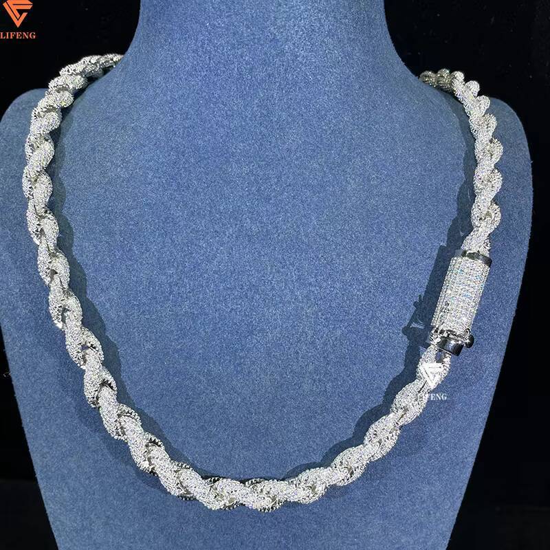 925 Sterling Silver 8mm Moissanite Rope Chain Luxury White Gold Hiphop Singer Pendant Necklace Luxury White Gold Hiphop Necklace