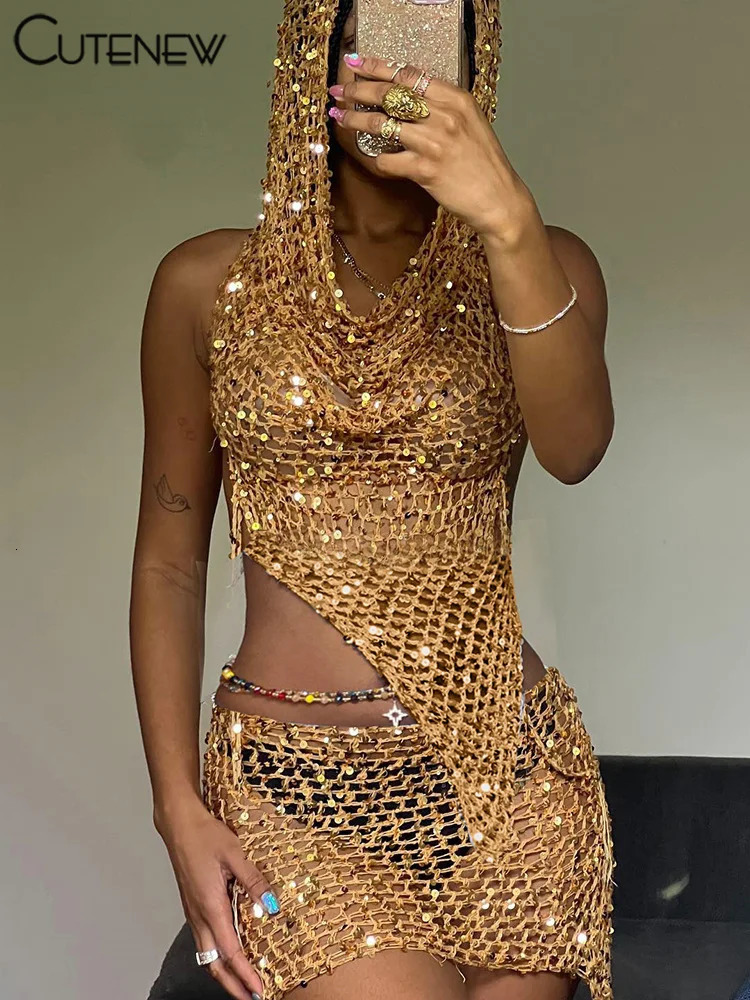 Cute Womens Knitted Two Piece Set Hooded Camisole Vest TopHip Slim Mini Skirt Streetwear Female Dress Suit 250904