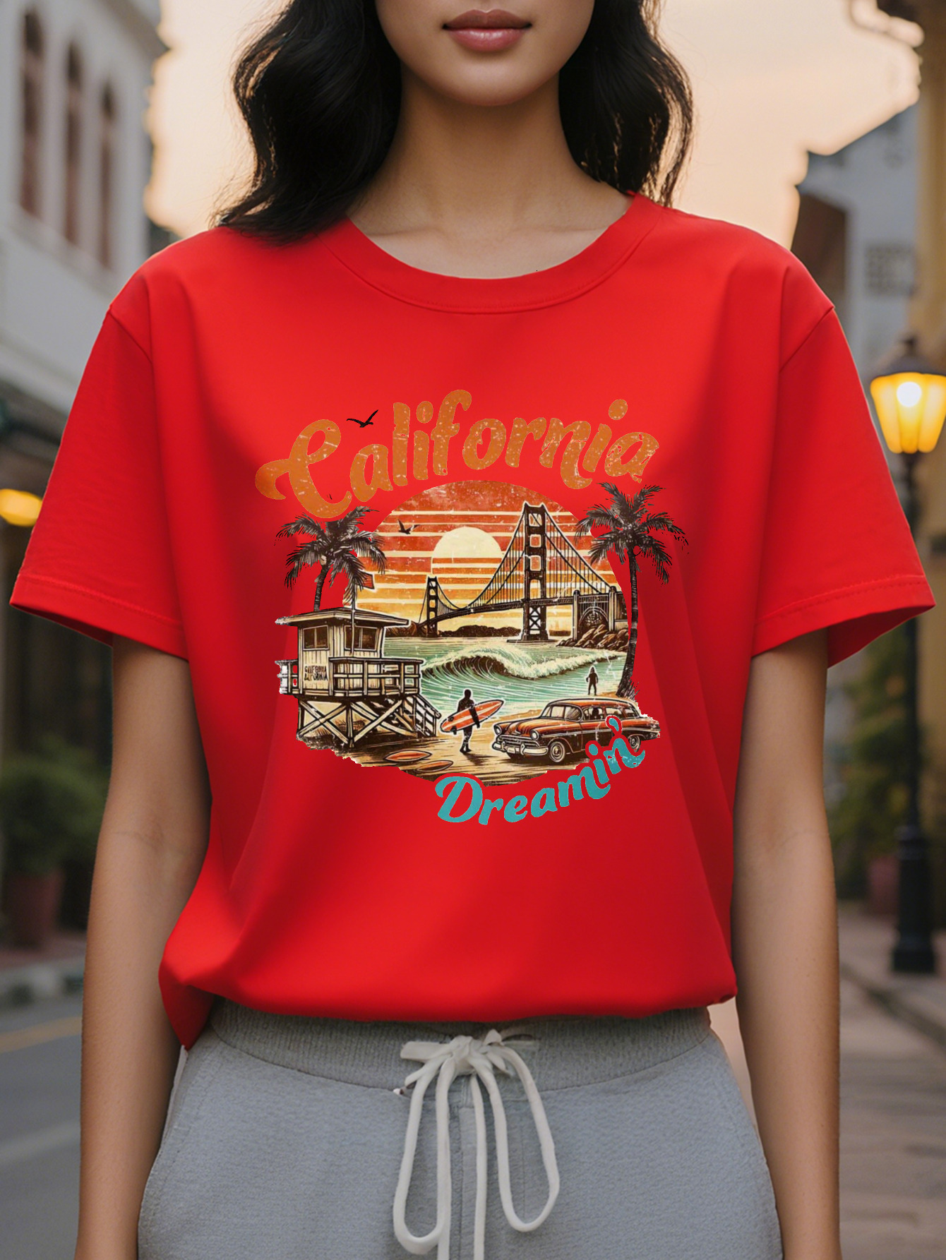 Women's California T-Shirt White Golden Gate Bridge Palm Trees and Vintage Car Design Soft Everyday Summer Top for