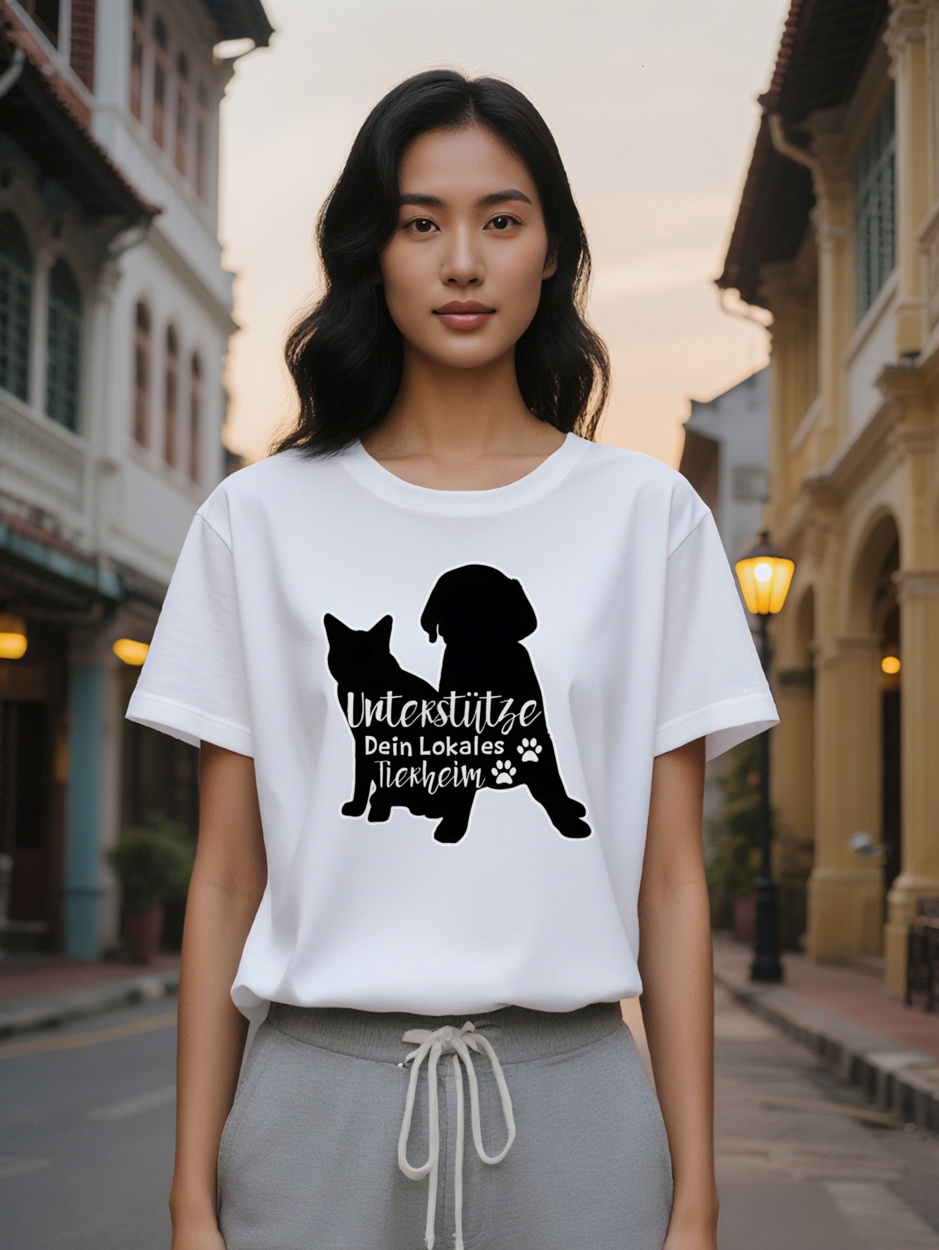 Large XL Women's Casual Crew Neck T-Shirt with Silhouette of Cat and Dog Understripe Print Black Summer Fashion Perfect Gift Plus Size