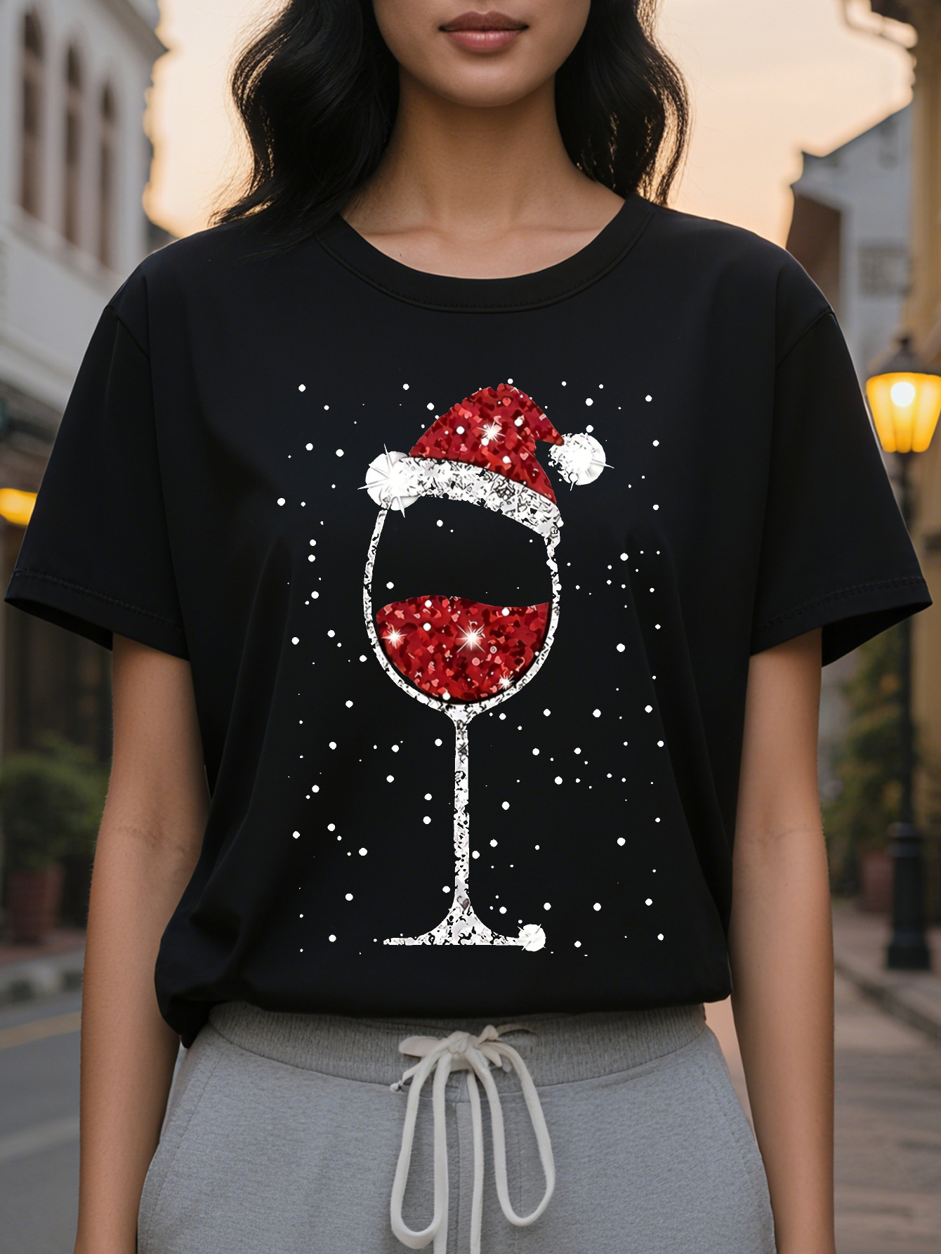 Large XL Christmas Wine Glass Santa Hat Pattern Print Round Neck T-Shirt Spring and Autumn Casual Tops Women's Clothing Plus Size