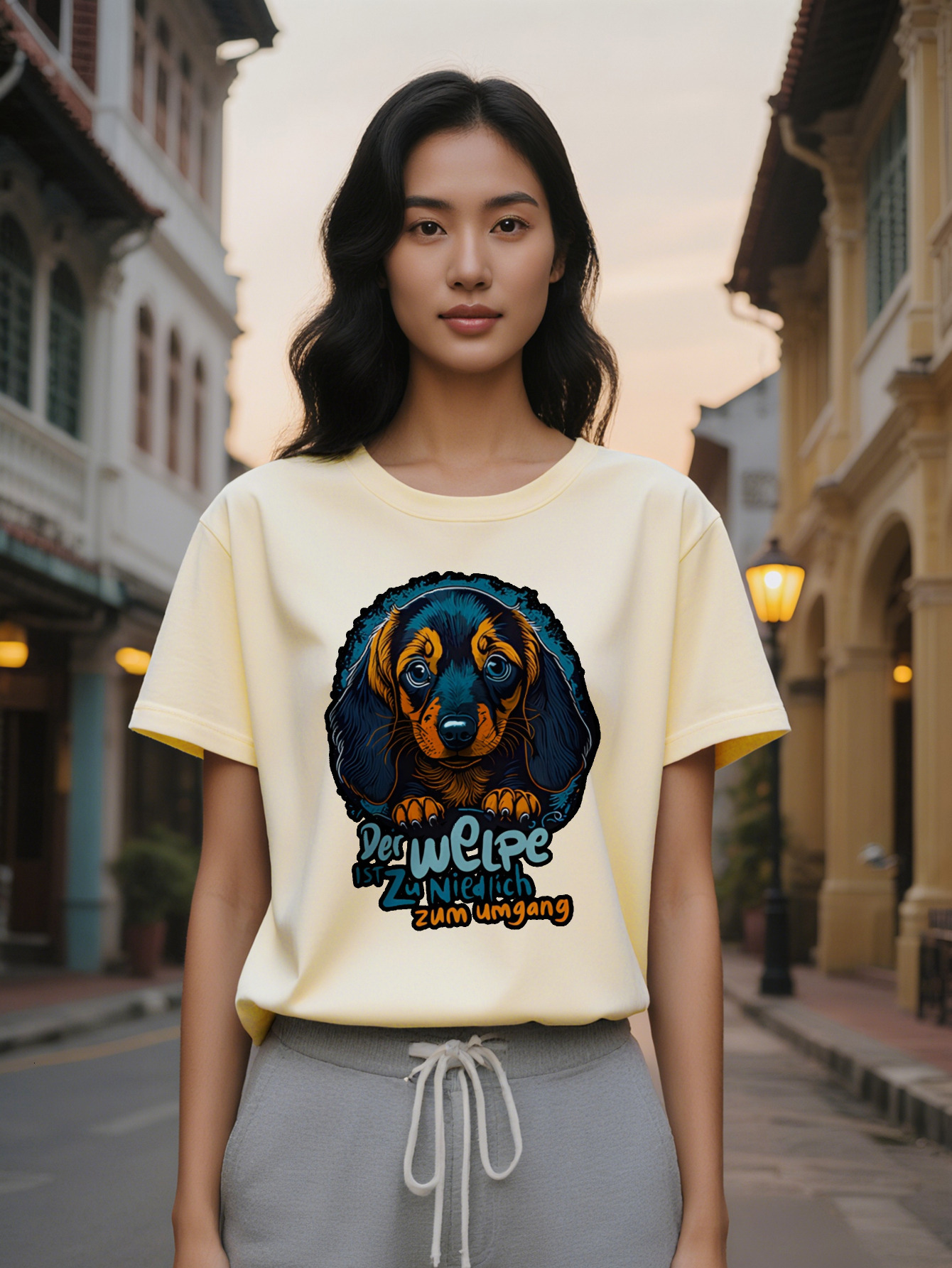 Large XL Graphic T-Shirt with Cartoon Dog Print Black Round Neck Summer Tee Dachshund Design German Text High Washable Plus Size