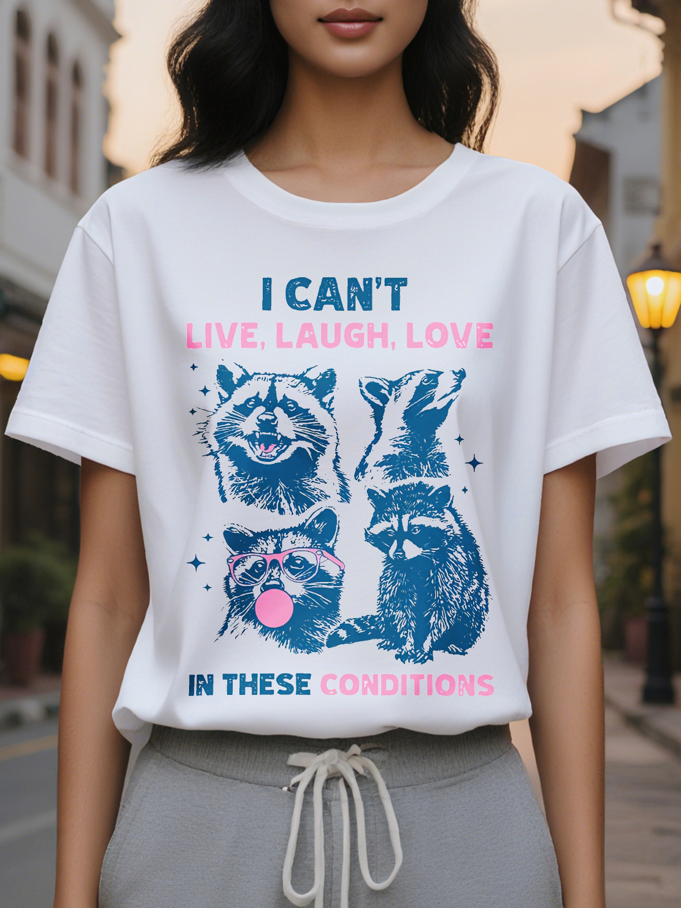 Large XL Funny Cotton Rayon Spandex Blend I Can't Live Laugh Love in These Conditions Print Casual Short Sleeve T-shirt Crew Plus Size