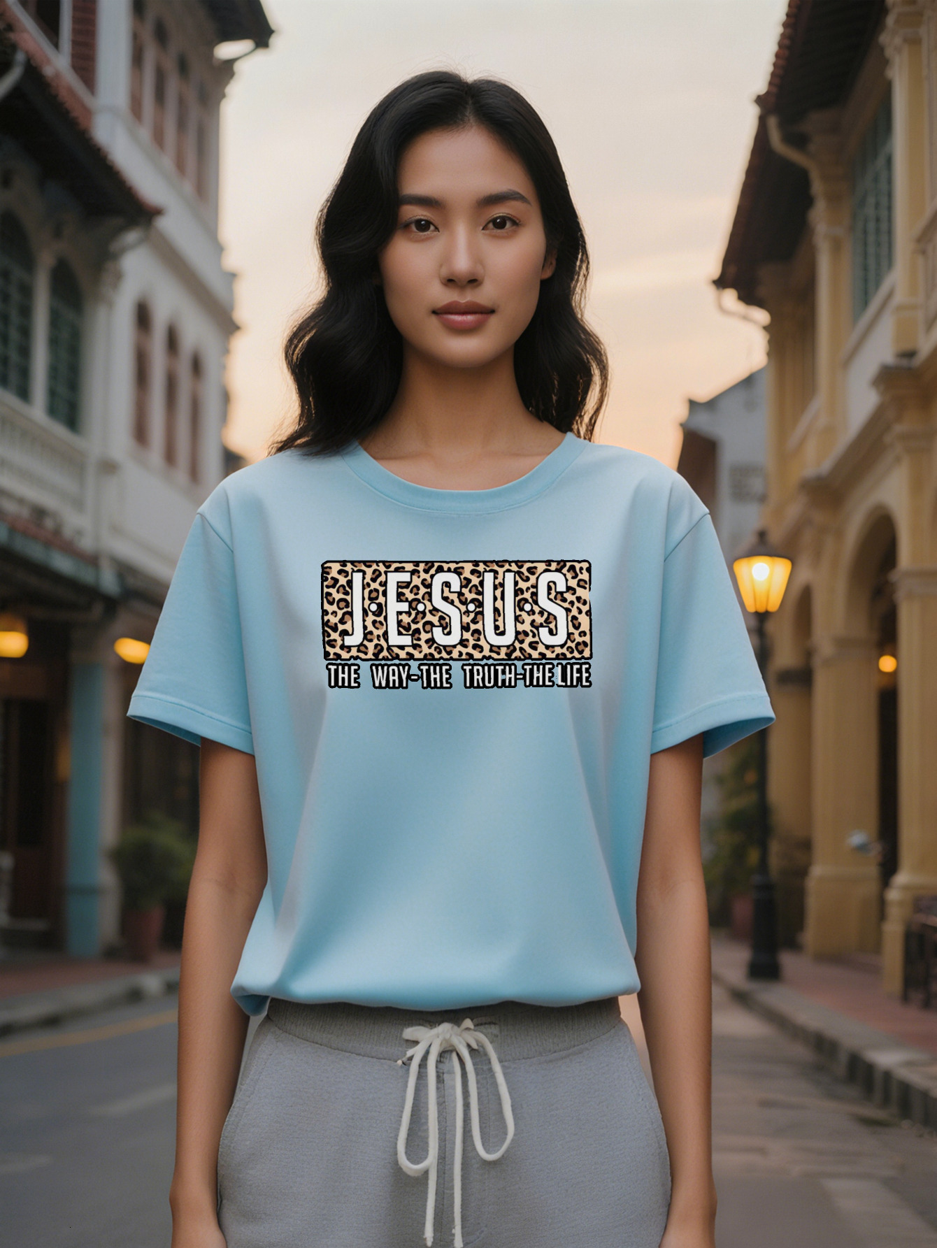 Lady Casual Crew Neck T-Shirt Jesus Print Way Truth The Life Design Black with Golden White Text Perfect for