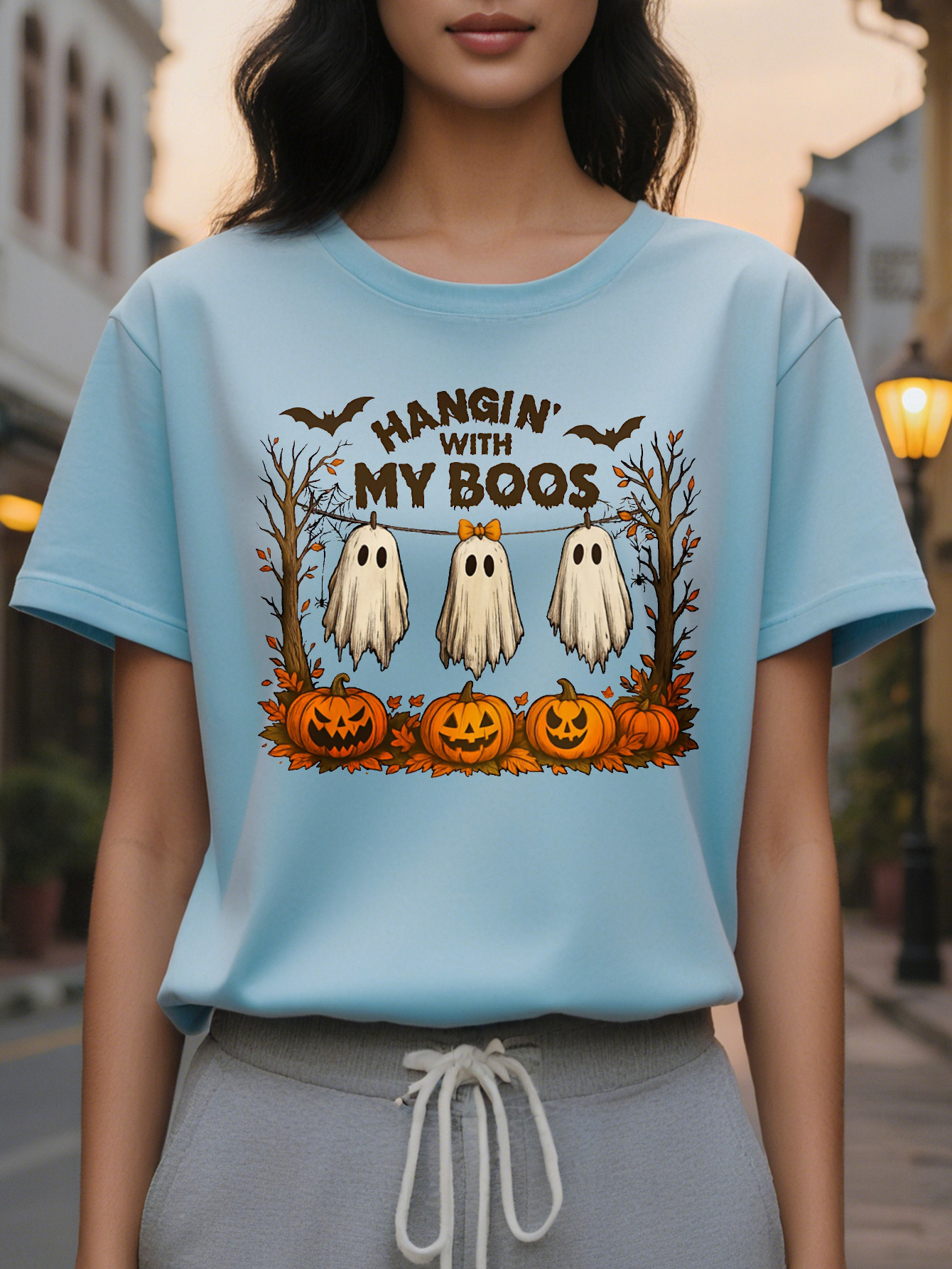 Women s Beige Spooky Ghosts Jack O Lanterns Round Neck Pullover Cozy Fall Parties Casual Attire hine Washable
