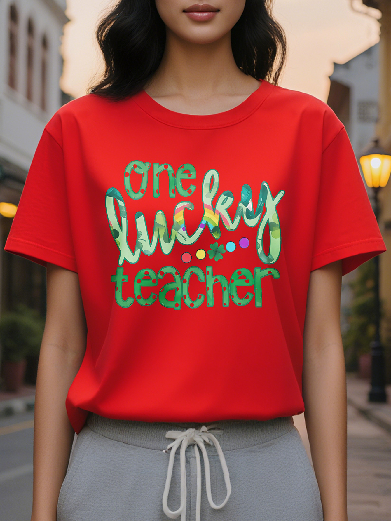 Lucky Pattern T-Shirt Women's Round Neck Short Sleeve Top White Color Letter Printing Summer and Spring Light