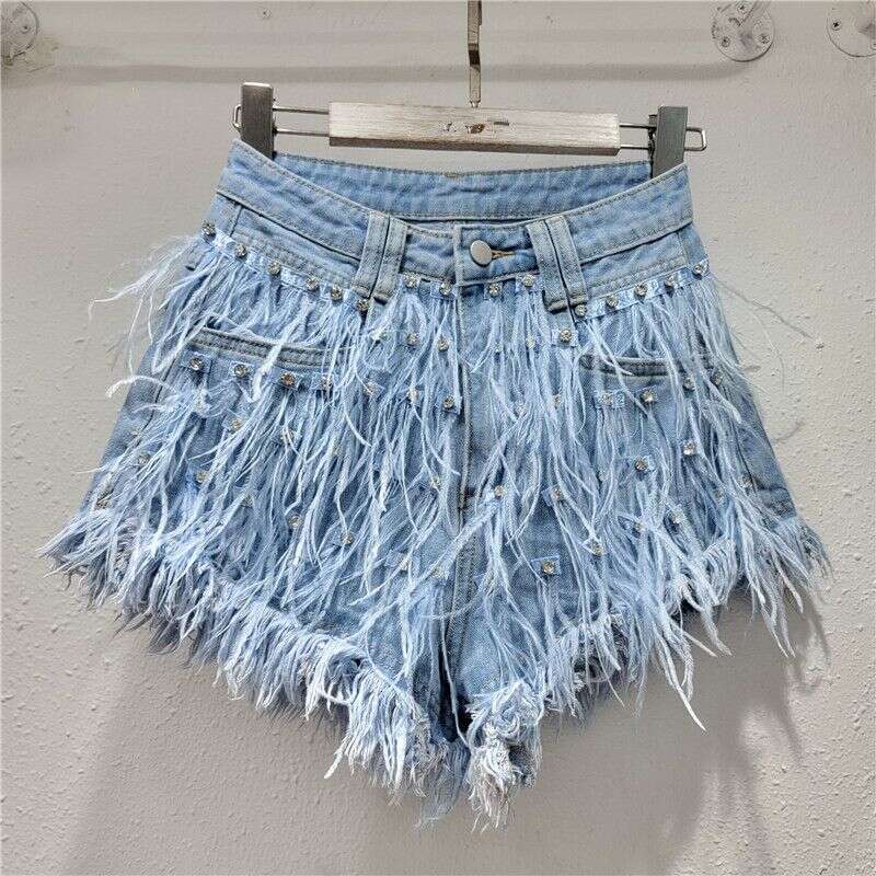 Women's Clothing New Heavy Dia Ostrich Feather Design Slim Tassel Fashionable Versatile Denim Shorts