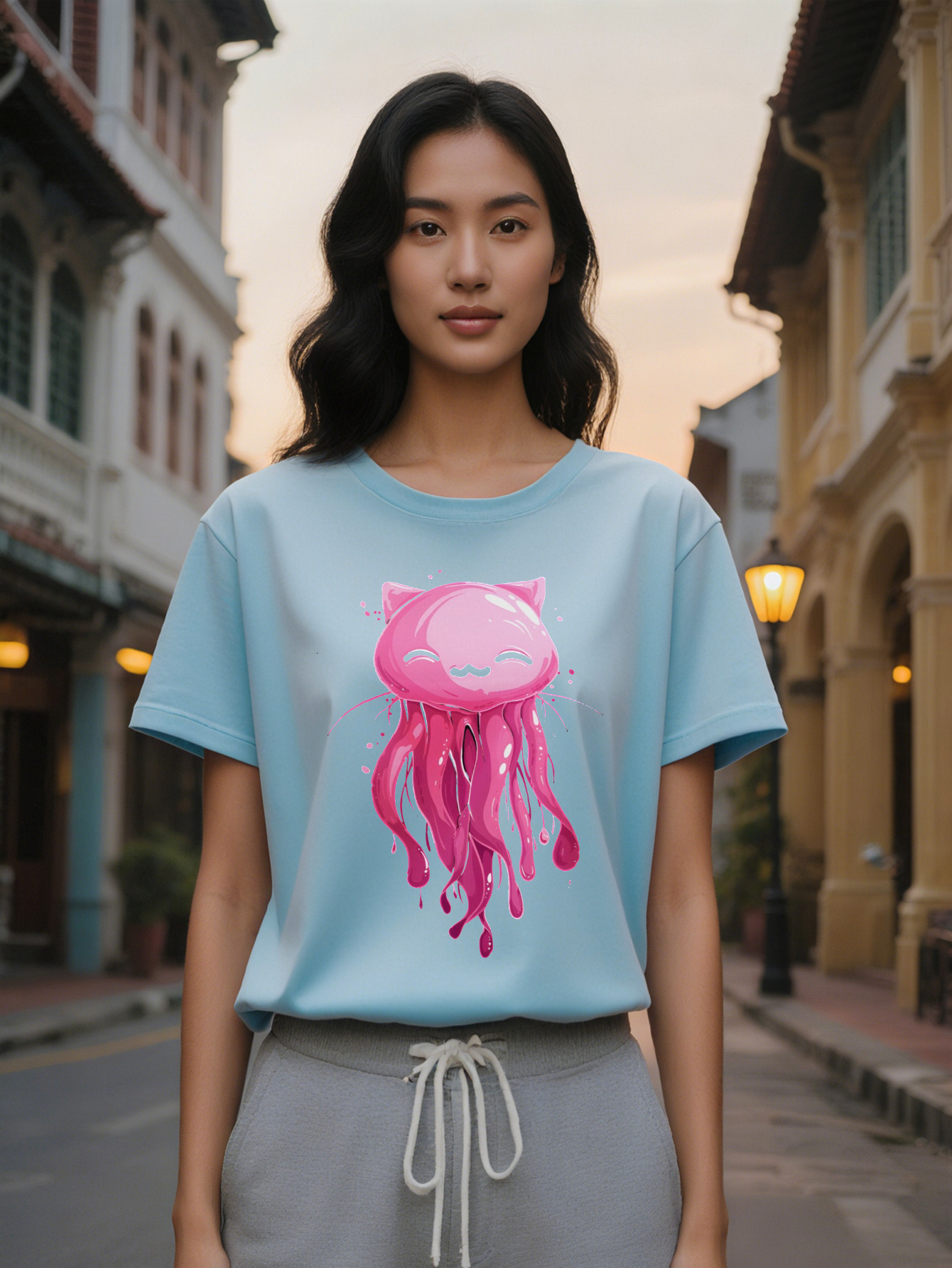 Lady Casual Crew T-Shirt with Unique Pink Jellyfish Cat Print Soft Fabric Round Neck Short Sleeve Summer