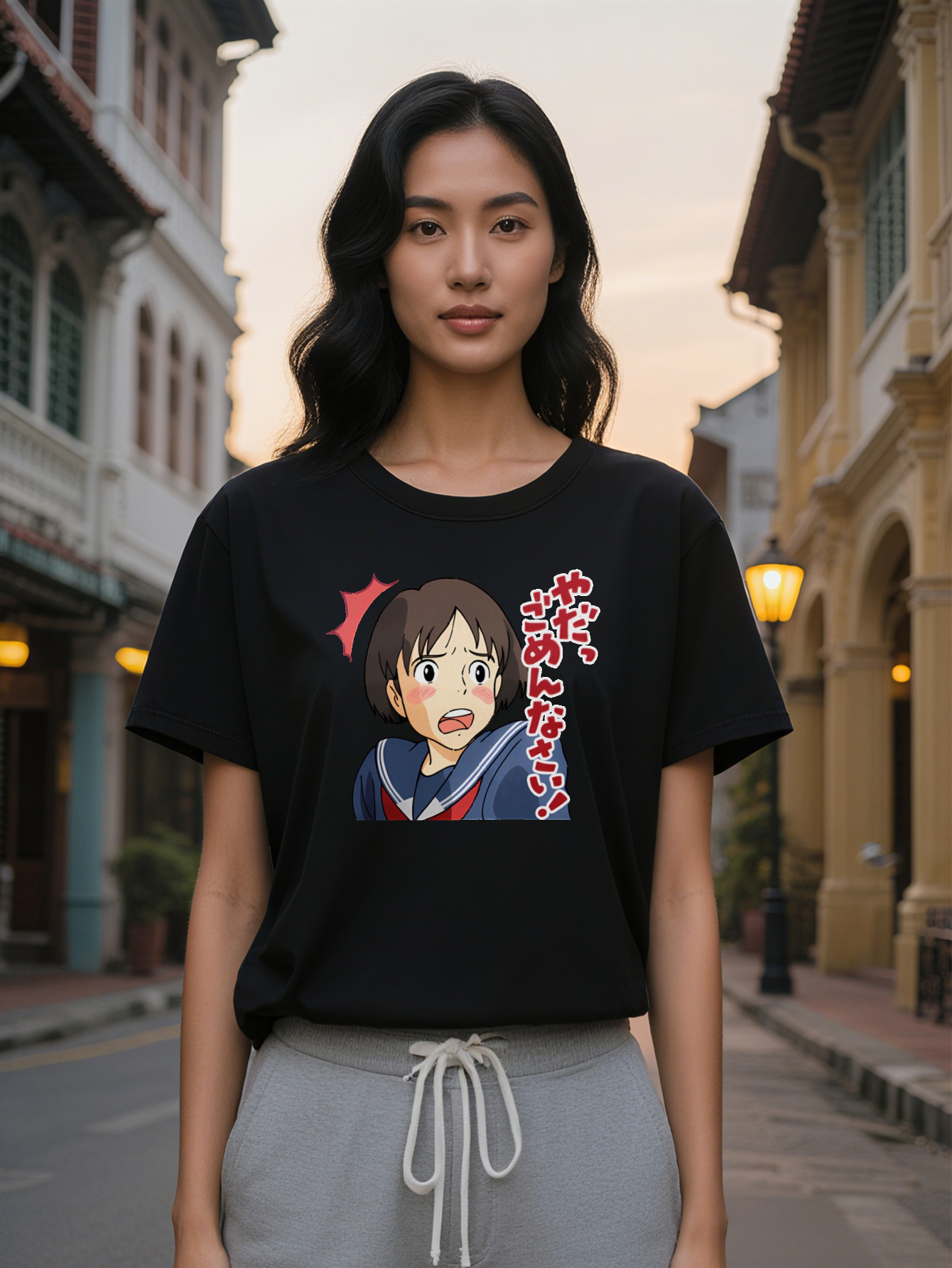 Casual Round Neck T Shirt with Anime Print Black Short Sleeve Tee Featuring Crying Girl Character Design Perfect Gift
