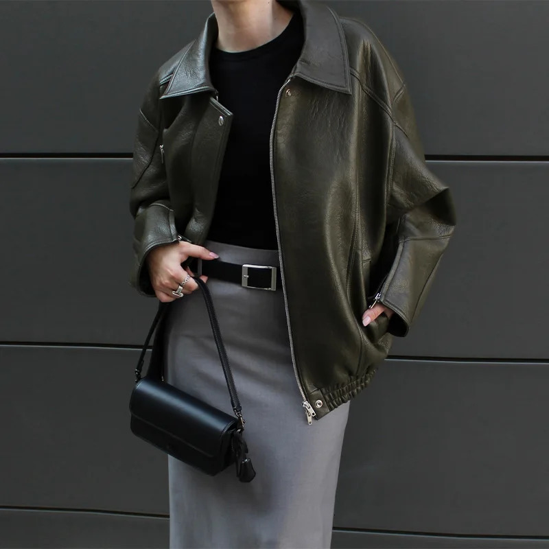 Womens Faux Leather Lapel Jacket Vintage Casual Long Sleeves Zipper Pockets Short Coat Autumn Lady Commute Streetwear 250903
