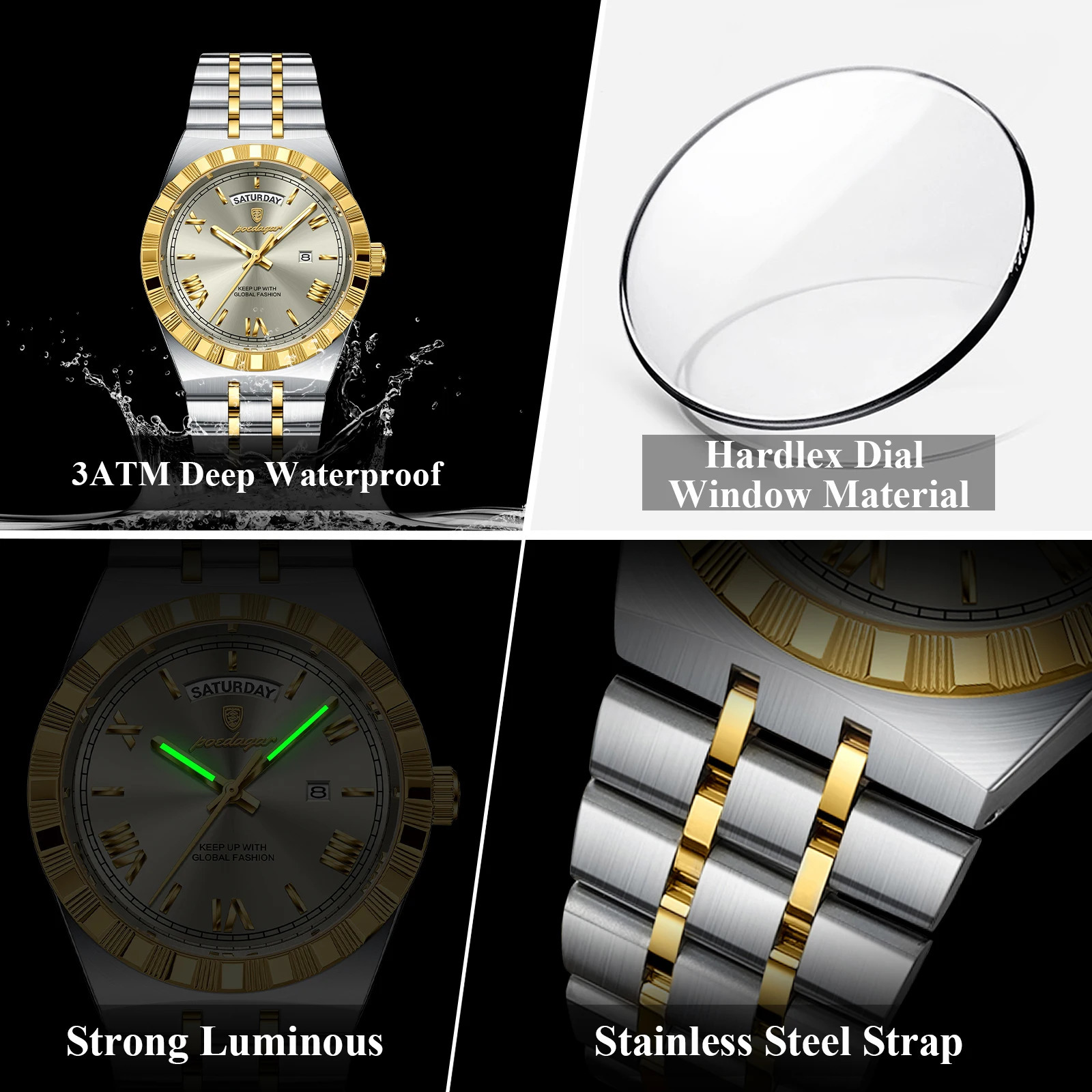 POEDAGAR Business Man Watch Week Date Waterproof Luminous Watches For Men Stainless Steel Quartz Mens Fashion Wristwatch 250828