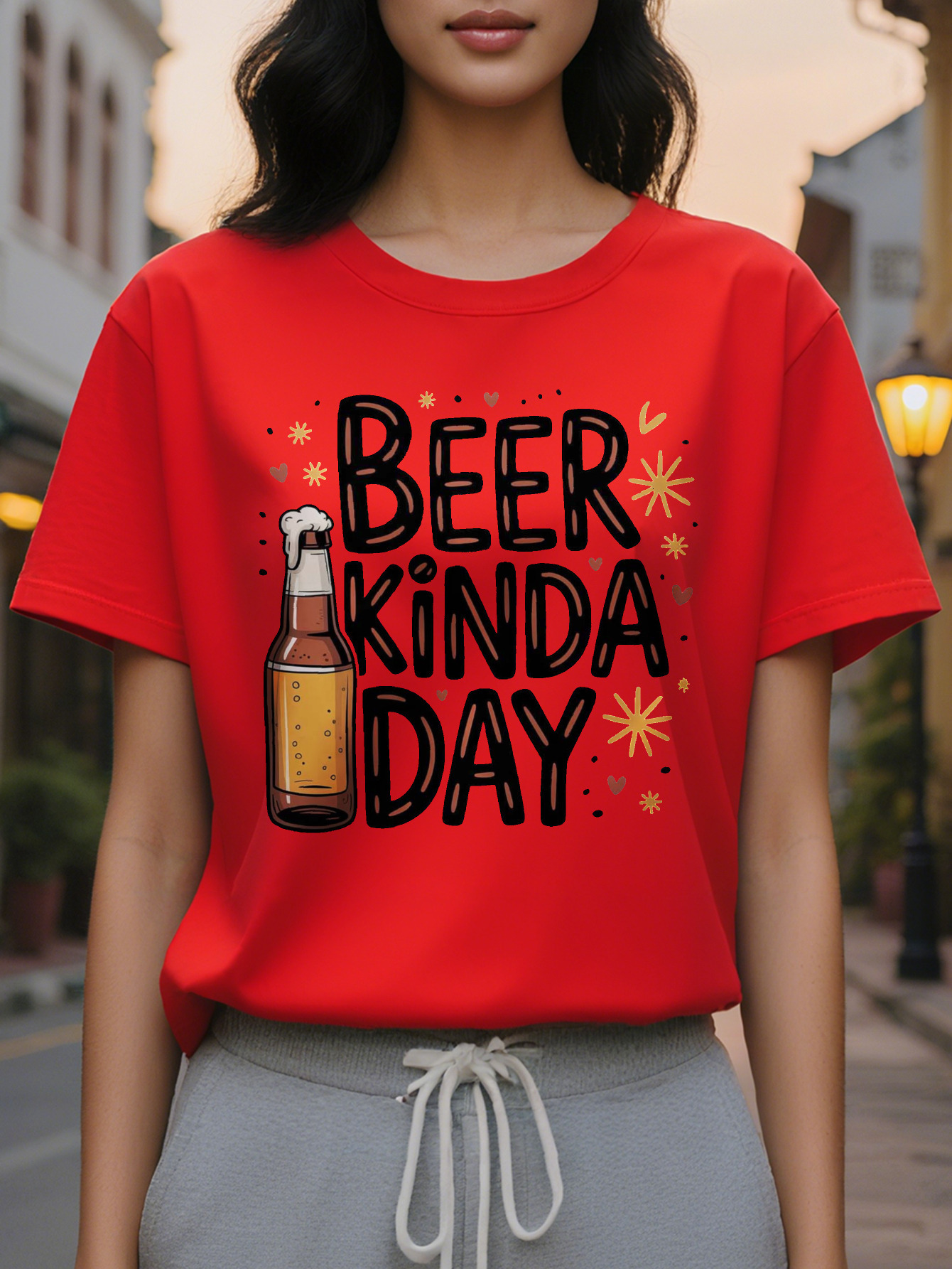 Women's Fun Lover T-shirt BEER KINDA DAY Slogan Bottle Pattern White Round Neck Summer Top Washable Party Dress